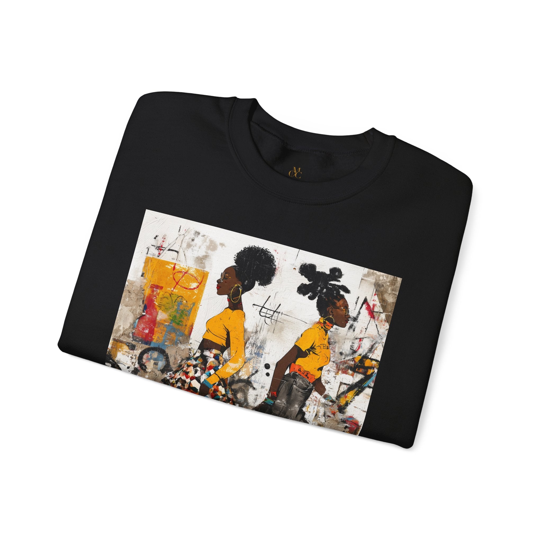 Two Black women with natural hairstyles wearing bold streetwear and roller skates, standing against a colorful abstract graffiti background on an Afrocentric graphic sweatshirt.