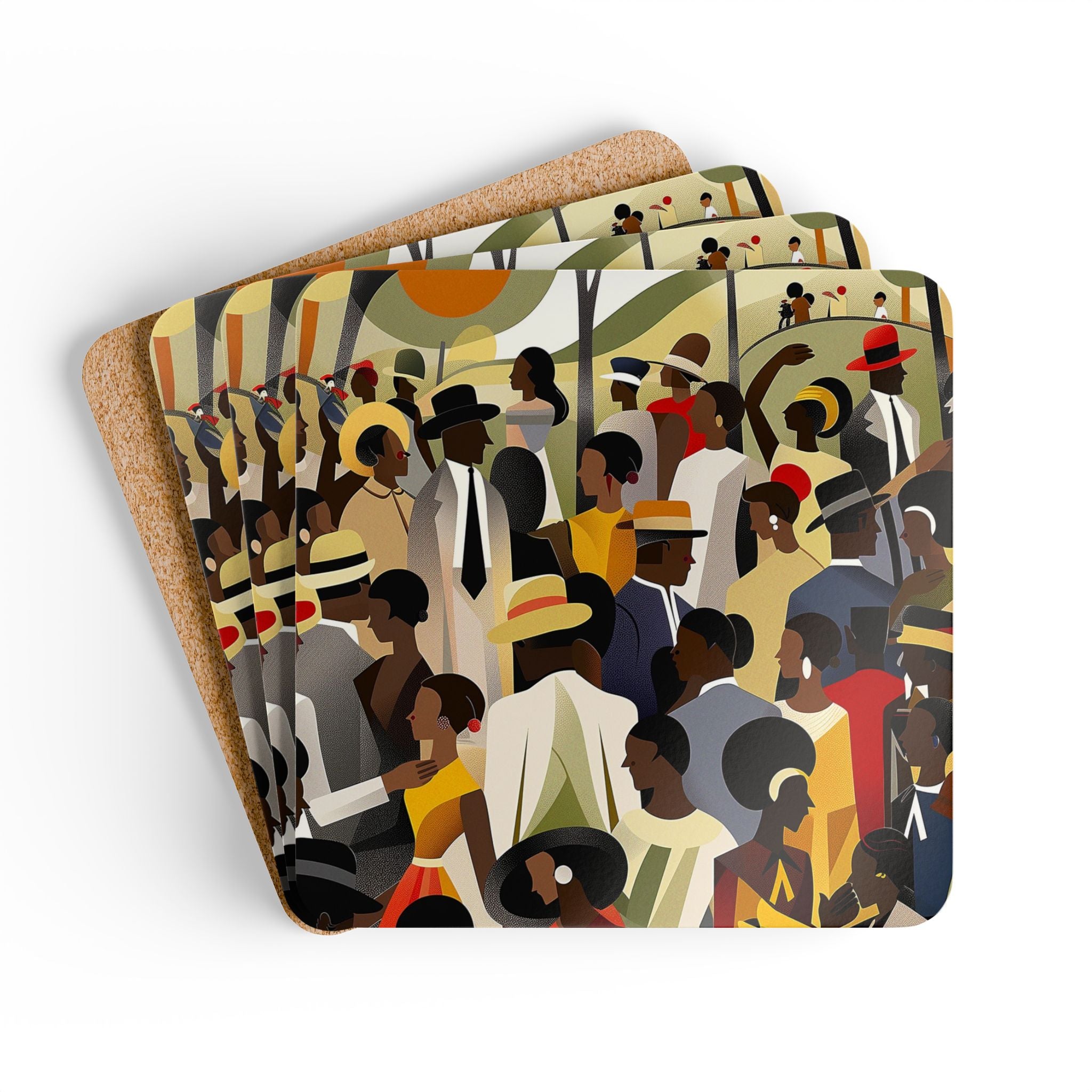 Juneteenth Celebration Drink Coasters featuring a vibrant picnic in the park scene, perfect for celebrating African American culture with colorful beverage coasters and Afrocentric barware accessories.