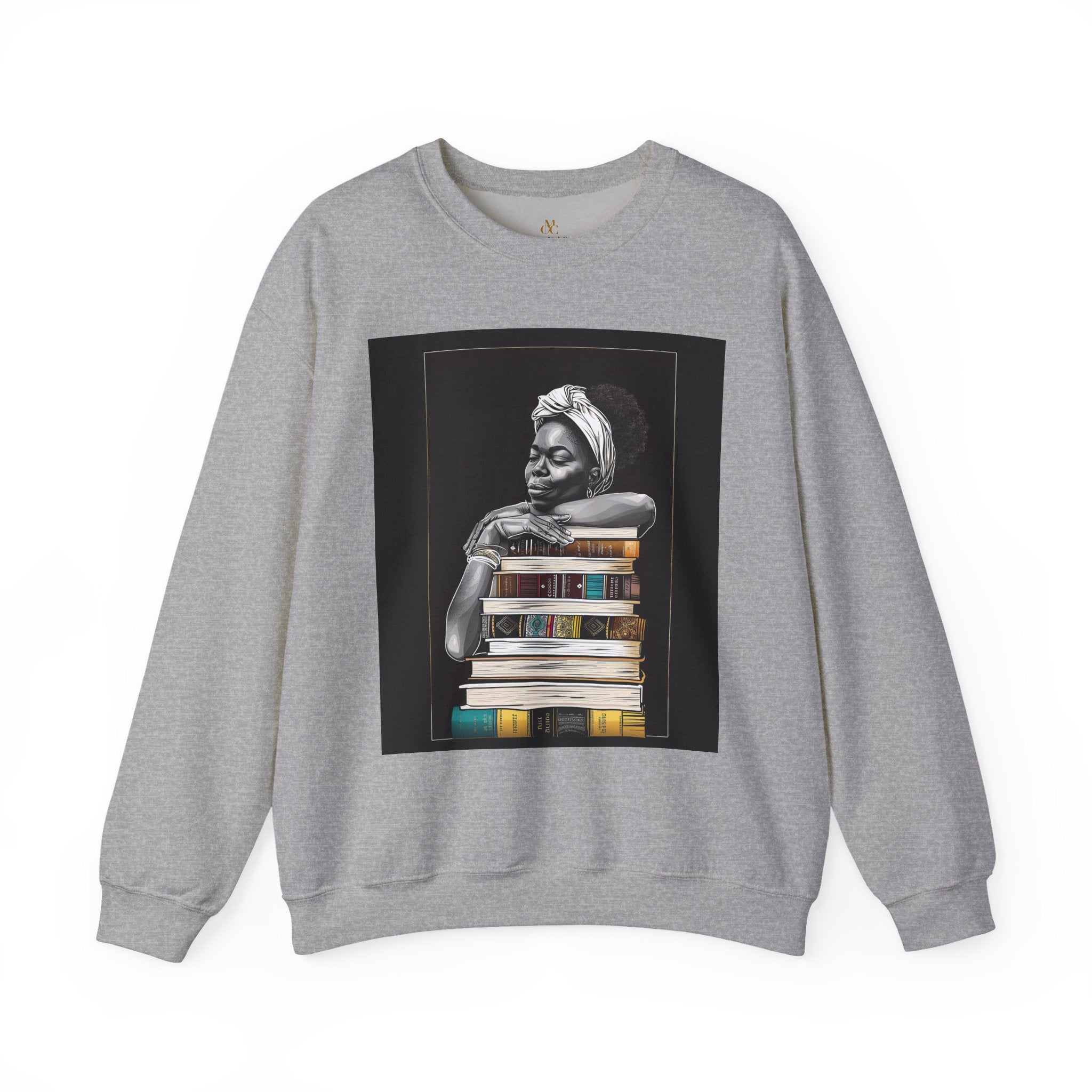 Afrocentric unisex sweatshirt featuring a Black woman embracing books. Cozy crewneck celebrating education, knowledge, freedom, and generational legacy.