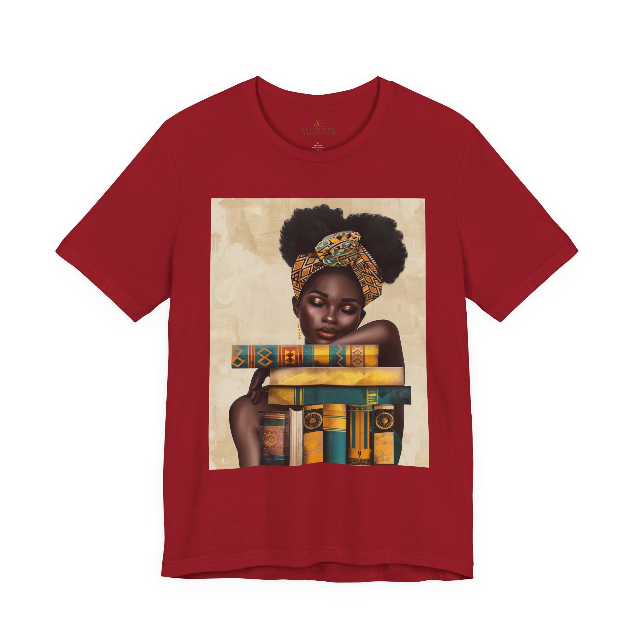 Afrocentric illustration of a young Black woman with a serene expression hugging a stack of books, symbolizing education, knowledge, legacy, and generational success.