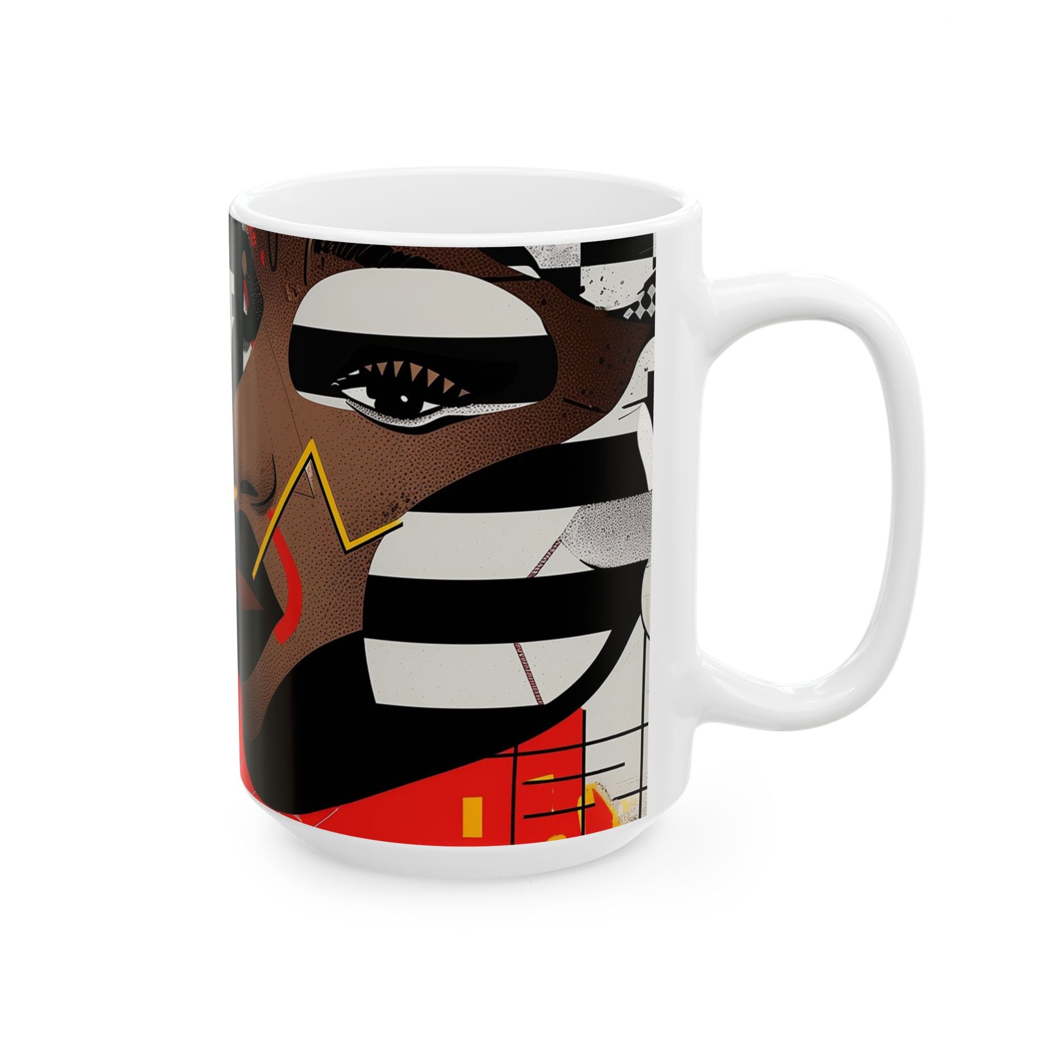 Coffee mug featuring two soulful Black sisters in colorful abstract Afrocentric collage artwork with bold pop art, graffiti-inspired textures, and vibrant contemporary styling.  15 oz size, right handle view.