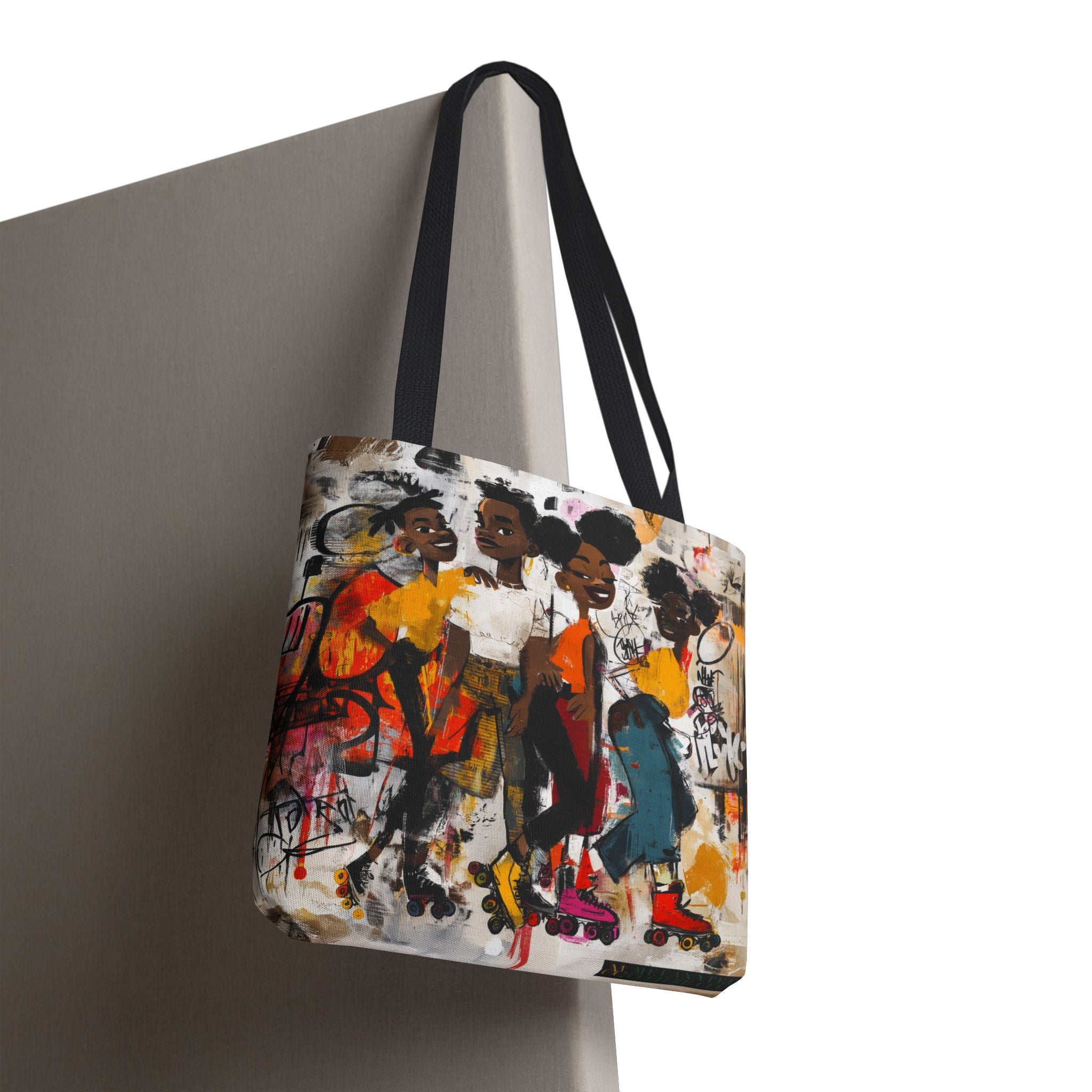 Colorful Afrocentric tote bag featuring abstract graffiti-style cartoon illustrations of Black roller skaters dancing and gliding at a roller rink. Vibrant urban artwork celebrates roller skating culture, Black joy, music, movement, and community.