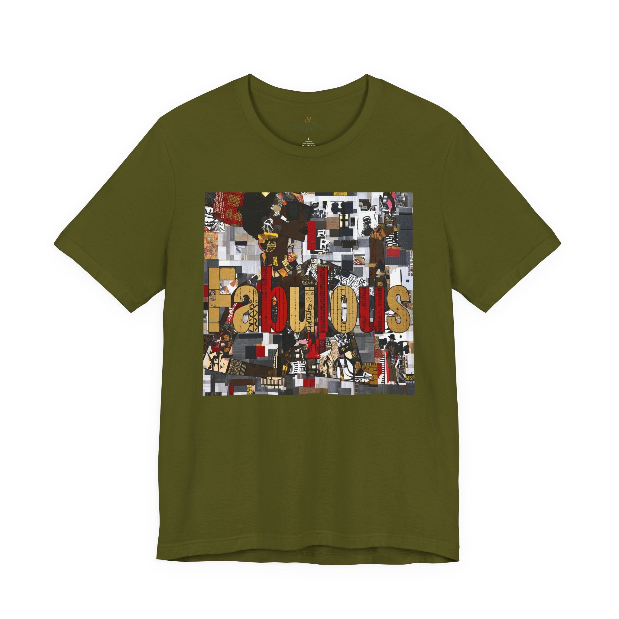 An olive green short-sleeve crewneck t-shirt featuring a large rectangular graphic print on the front with the word 'Fabulous' in gold letters over a collage of images featuring a stylized Black female.