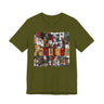 An olive green short-sleeve crewneck t-shirt featuring a large rectangular graphic print on the front with the word 'Fabulous' in gold letters over a collage of images featuring a stylized Black female.