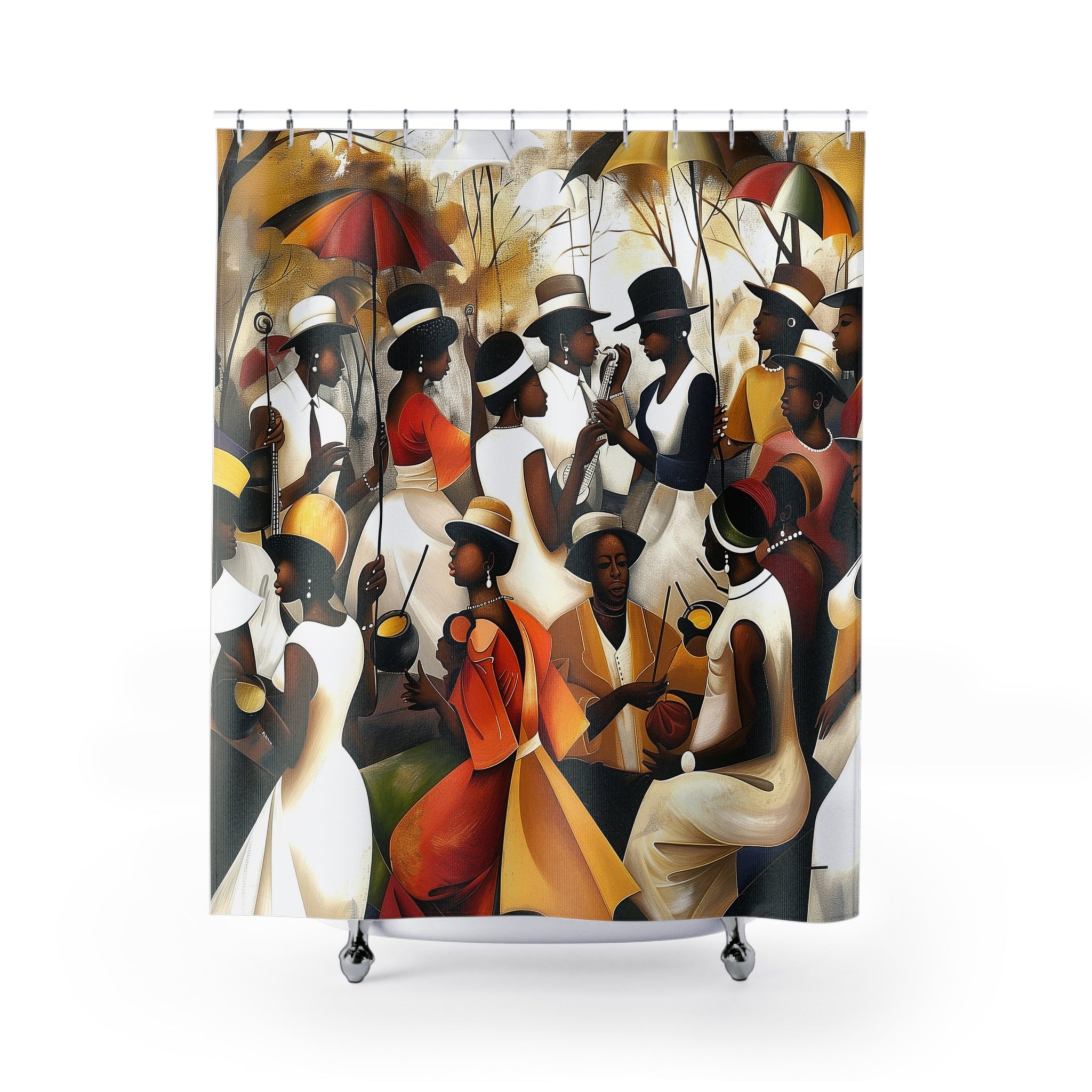Juneteenth Family Reunion Shower Curtain featuring Afrocentric artwork of Black families gathering in a park, celebrating freedom, community, music, food, and African American culture with vibrant colors and joyful expressions.