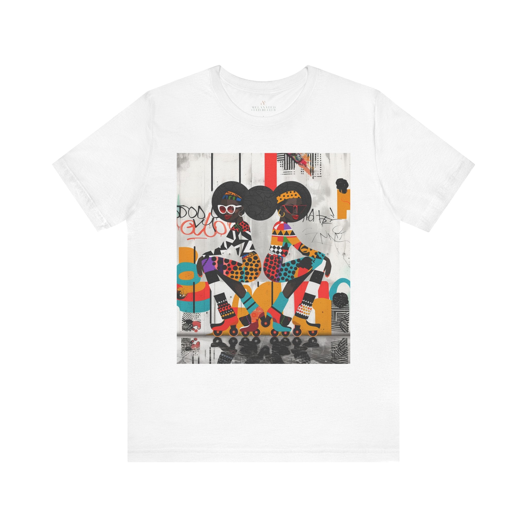 Black Girl Roller Skaters Tee Shirt featuring abstract graffiti pop art of African American women roller skating in bold, bright colors; Afrocentric fly girls streetwear.