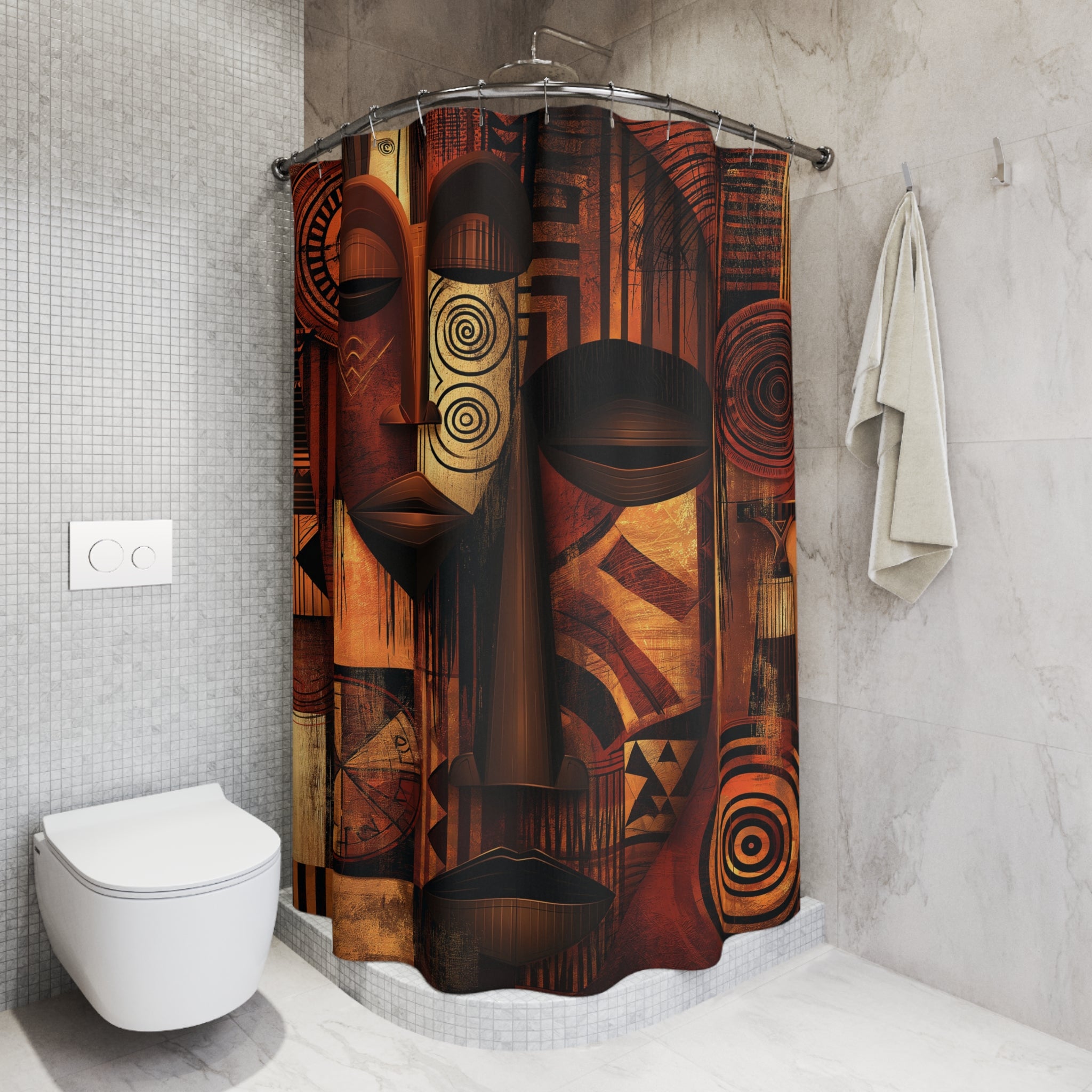 African Mask Abstract Shower Curtain hanging on a curved shower rod, shower stall only.