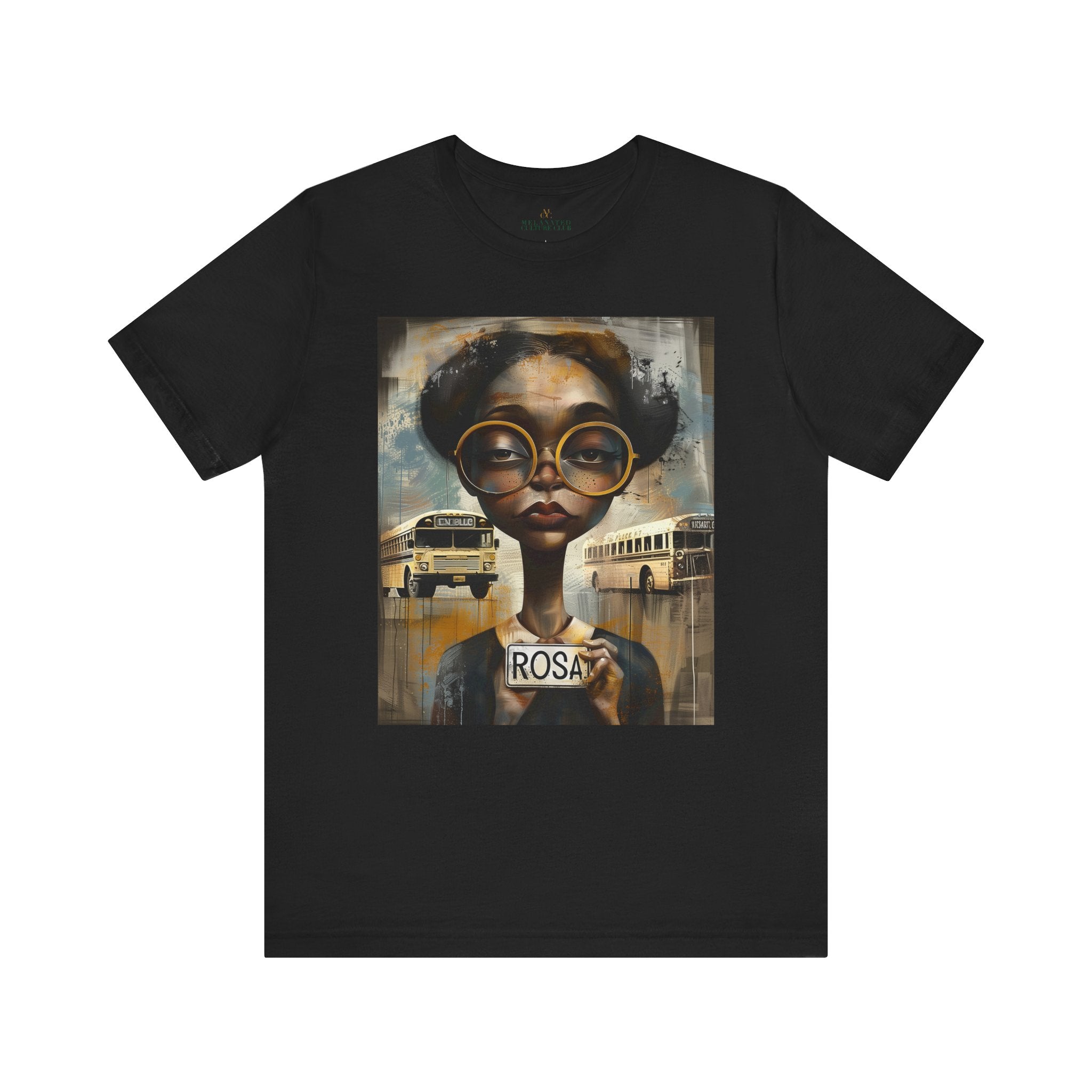 Rosa Parks Mugshot T-Shirt featuring her 1955 booking photo in a bold graphic design. Afrocentric streetwear style honoring civil rights history and Black heritage.