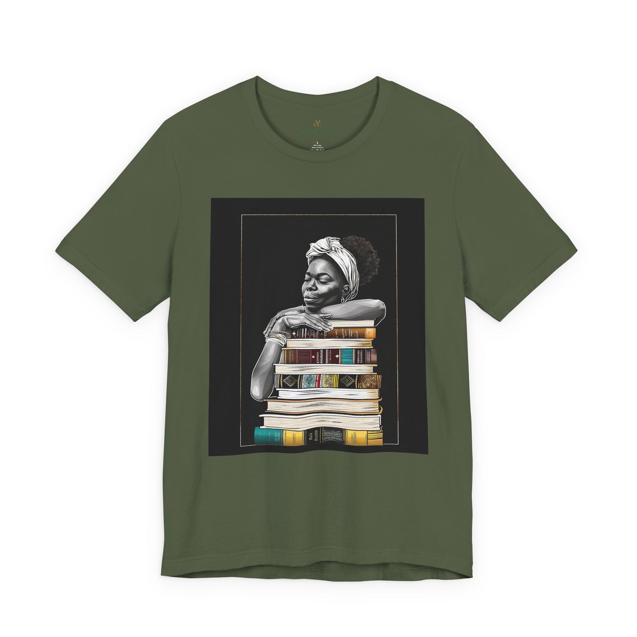 Afrocentric graphic tee shirt featuring a peaceful Black woman embracing a stack of books, symbolizing education, knowledge, freedom, and generational legacy.