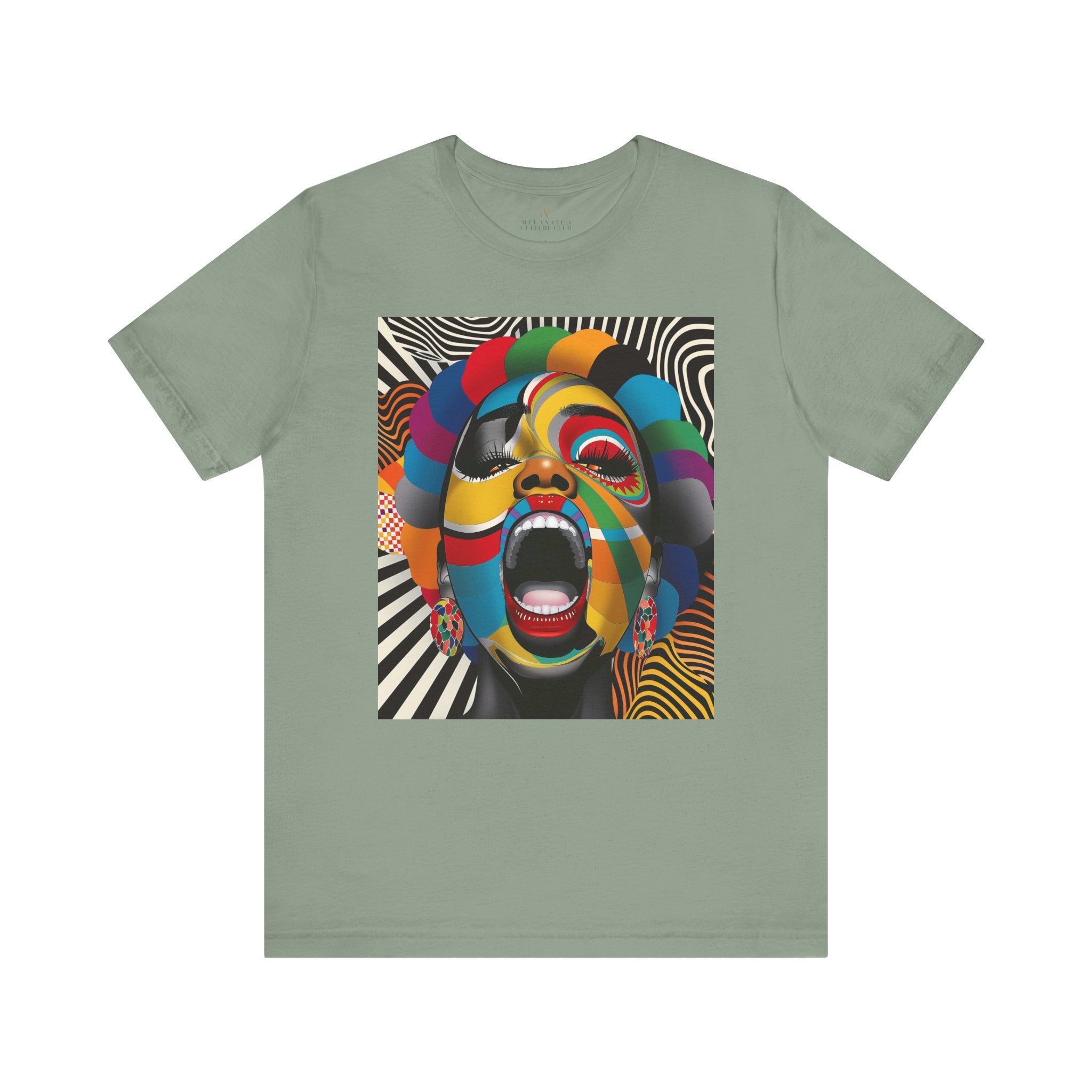 Black woman pop art tee, Afrocentric graphic shirt, scream comic tee, retro 70s psychedelic top, Black streetwear fashion, Afro pop culture shirt, vibrant Black woman art tee, halftone retro t-shirt, Afro art clothing, bold comic style tee