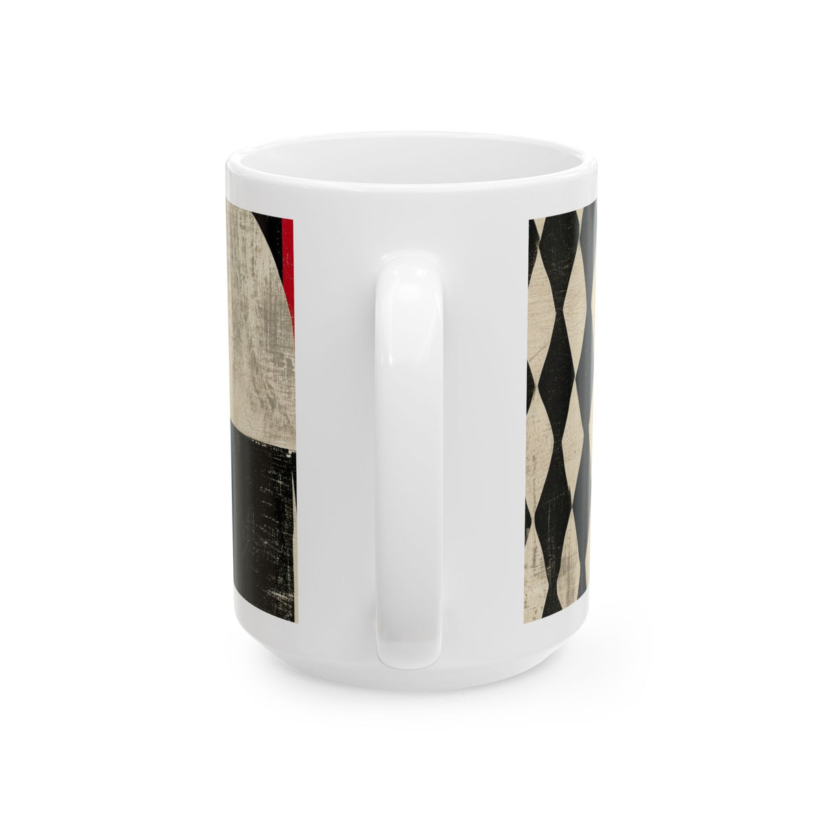 Front view of an 15 oz  Afrocentric geometric coffee mug featuring creme, black and red abstract shapes, arches, stripes and checkerboard patterns, displayed against a white background.