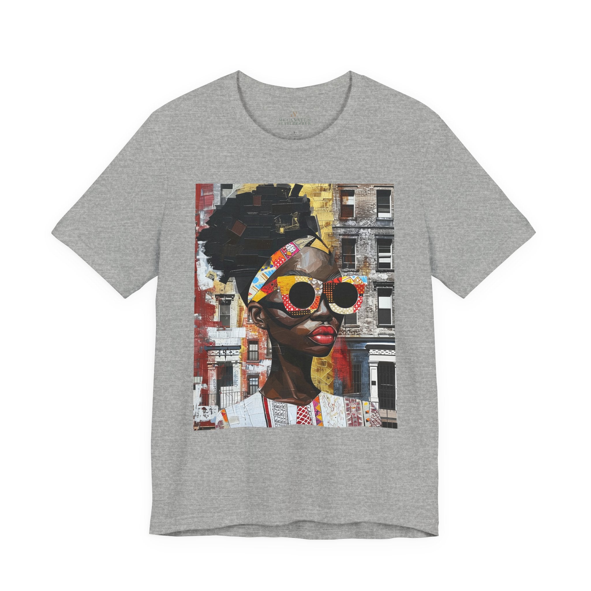 Best Seller Boss Babe graphic tee featuring an abstract cartoon-style Black woman, Lakendra with large round pop-art style sunglasses. The design has a vibrant, graffiti-inspired aesthetic that celebrates African American beauty, confidence, and urban art style.