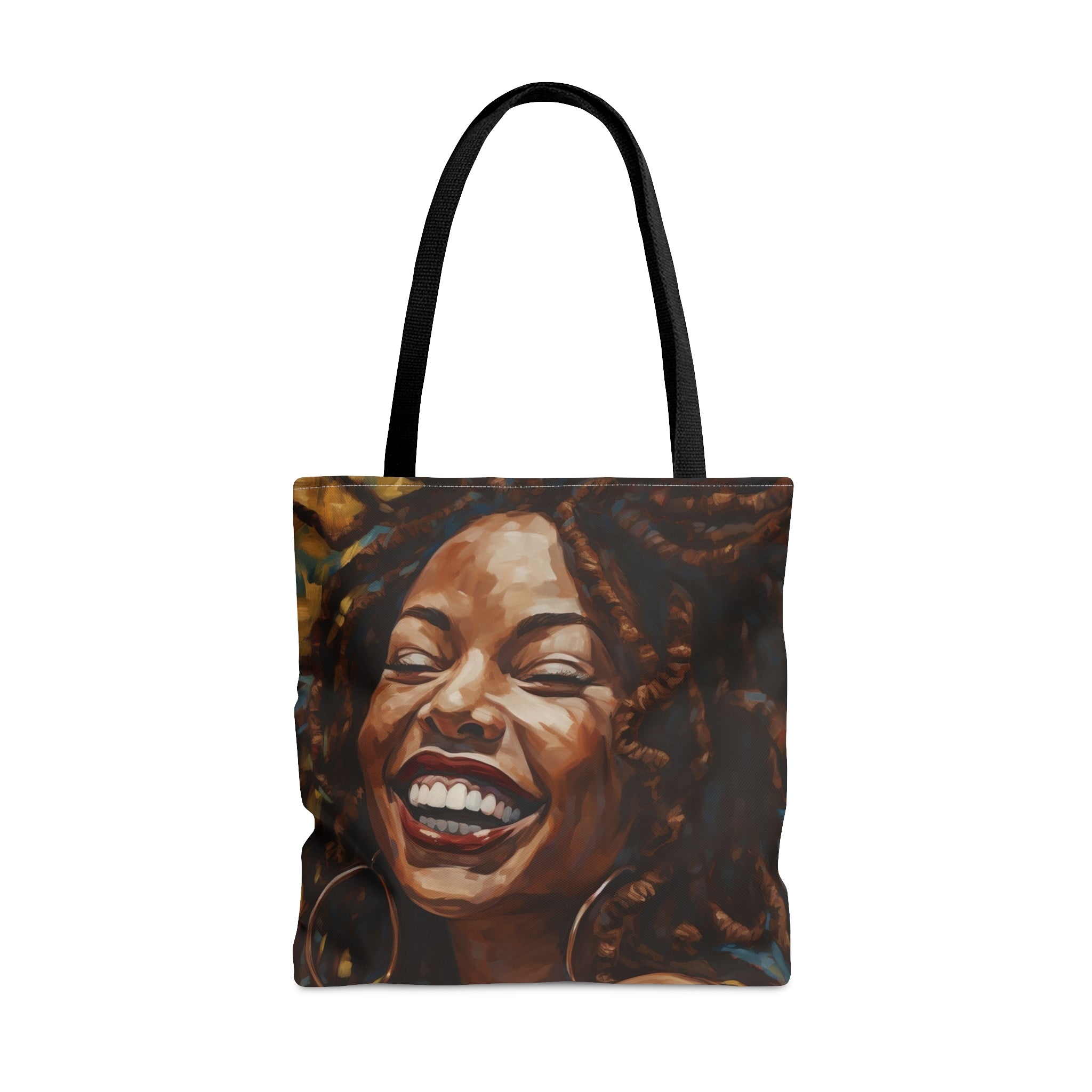 Afro Dreadlocks Black Girl Tote Bag featuring a joyful African American woman with natural Afro hair. A stylish and empowering tote celebrating Black Girl Magic, self-love, and cultural pride.