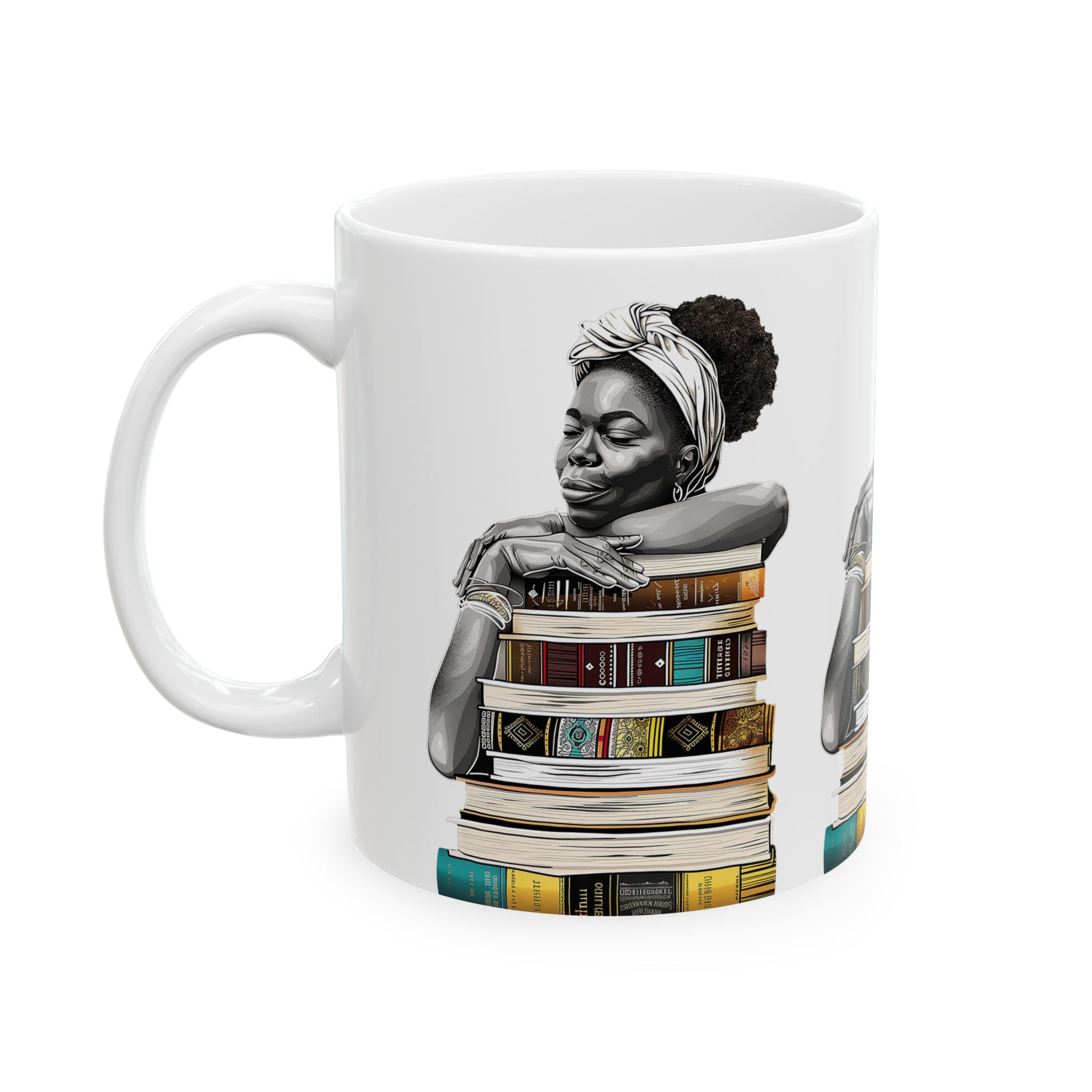 White coffee mug featuring an Afrocentric illustration of a peaceful Black woman embracing books, symbolizing education, knowledge, freedom, and generational legacy.