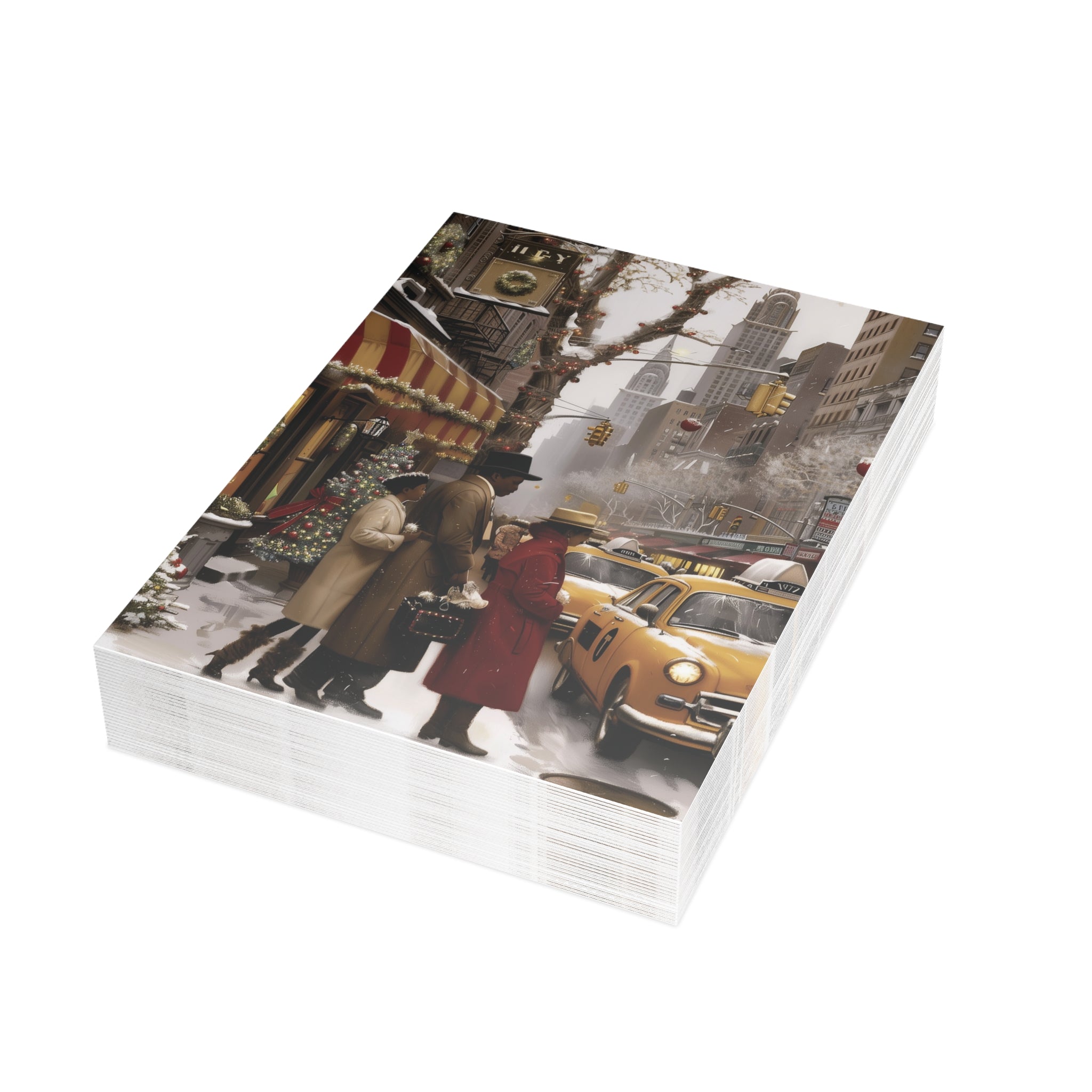 African American Christmas Shoppers Holiday Card featuring stylish Black families shopping in New York City during the holiday season, available as a single card or multipack with white envelopes.