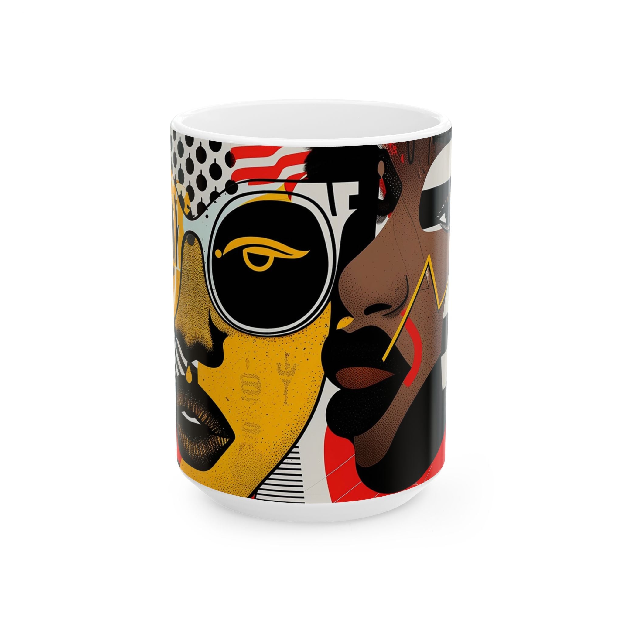 Coffee mug featuring two soulful Black sisters in colorful abstract Afrocentric collage artwork with bold pop art, graffiti-inspired textures, and vibrant contemporary styling.  15 oz size, front view.