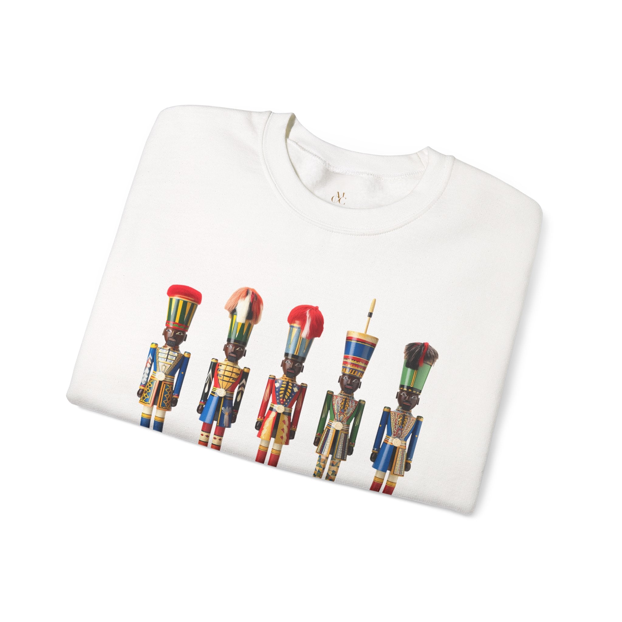 Black Nutcracker Soldiers Sweatshirt featuring African American nutcracker soldier designs, holiday Christmas apparel, ugly sweater gift, festive holiday party celebration crewneck.