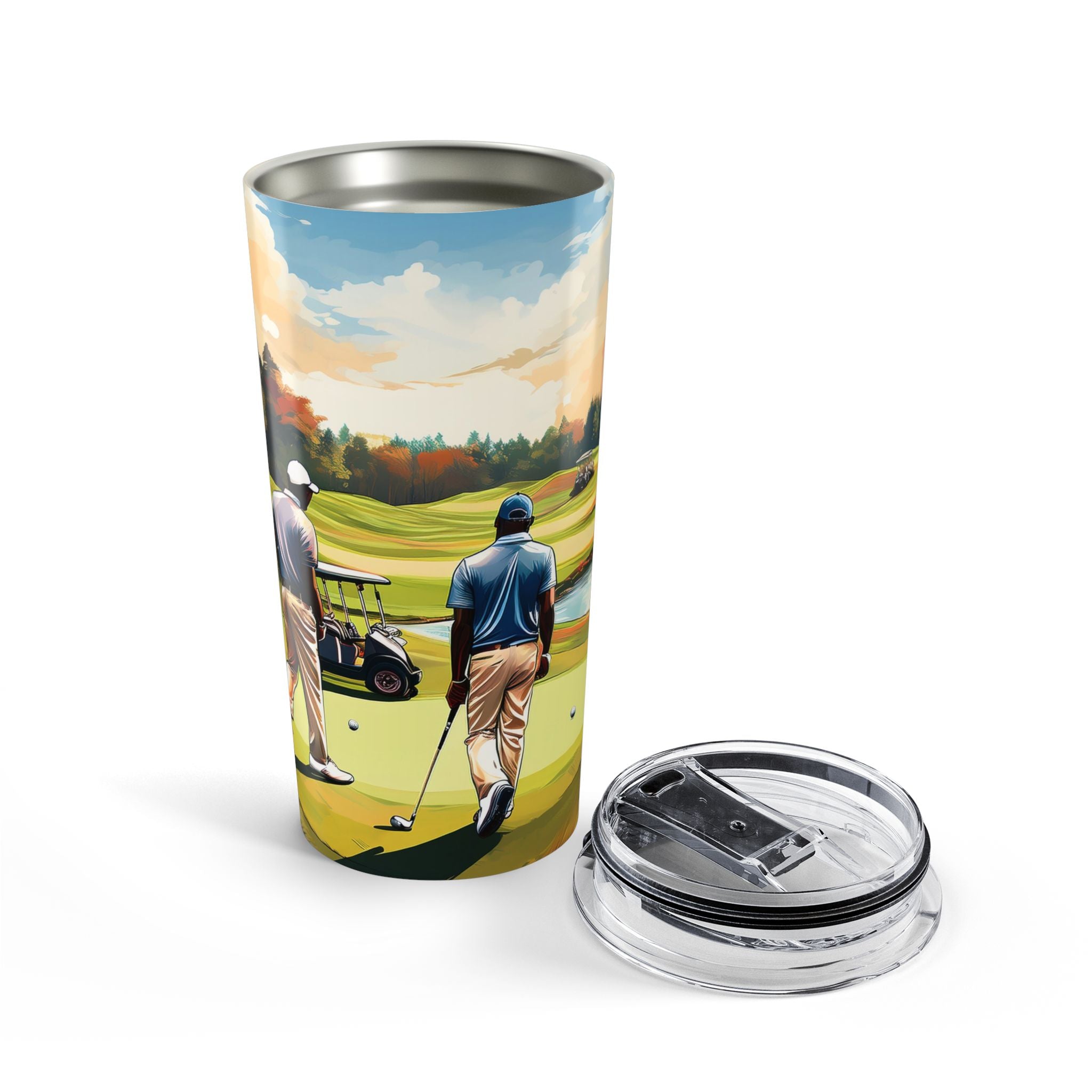 20 oz tumbler with painterly illustration of Black men playing golf on a green course, featuring a clear push-on lid with rubber gasket for hot and cold beverages.