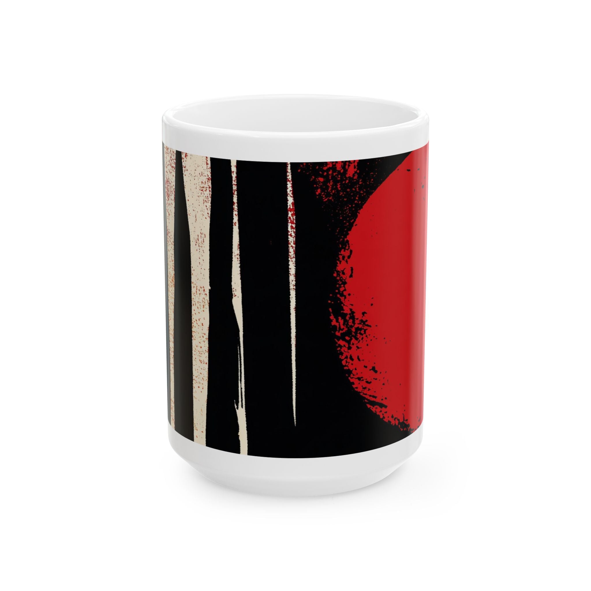 Front view of 15 oz. red, black and cream abstract art coffee mug featuring bold geometric circles, stripes, organic shapes and a Bauhaus-inspired modern design, displayed against a white background.