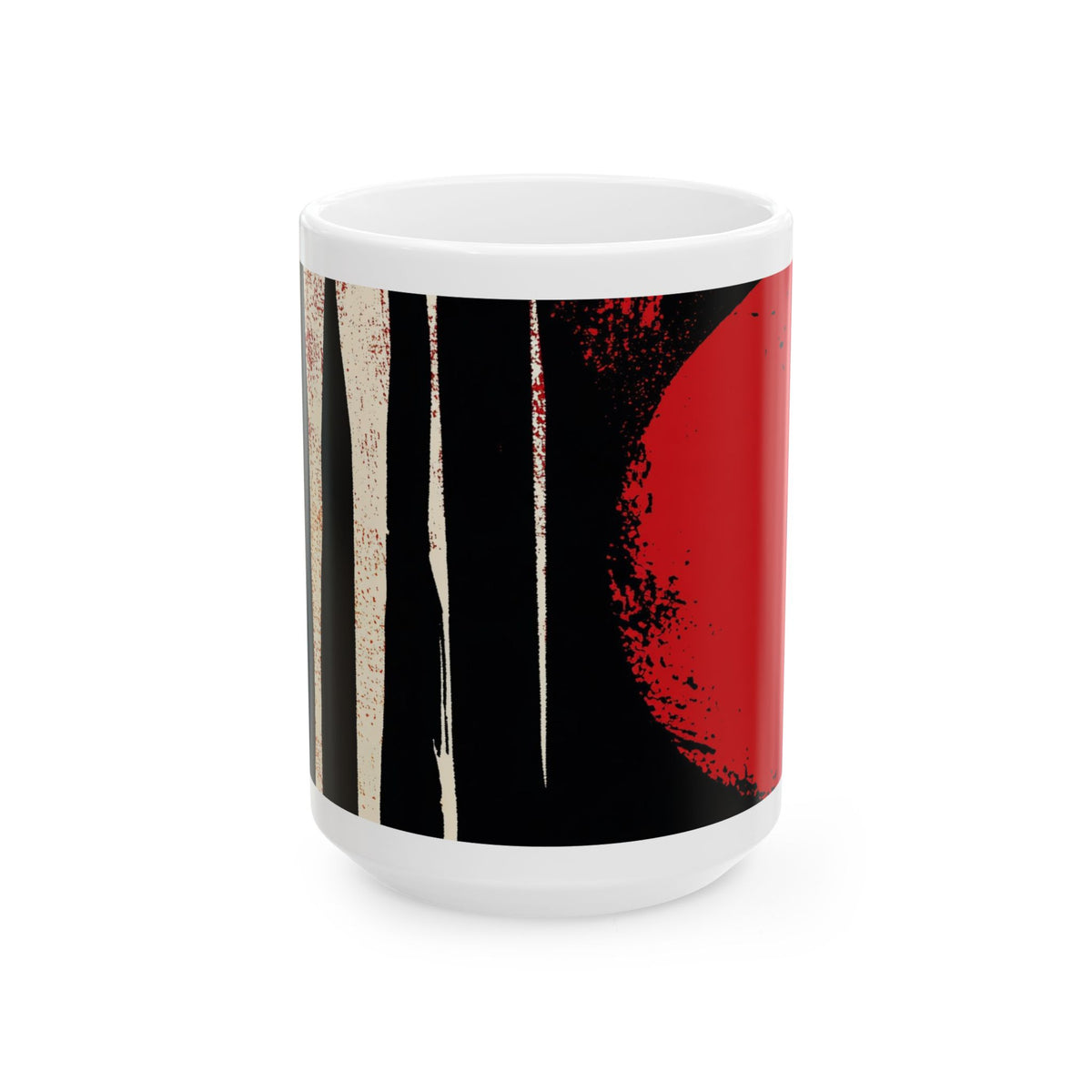 Front view of 15 oz. red, black and cream abstract art coffee mug featuring bold geometric circles, stripes, organic shapes and a Bauhaus-inspired modern design, displayed against a white background.