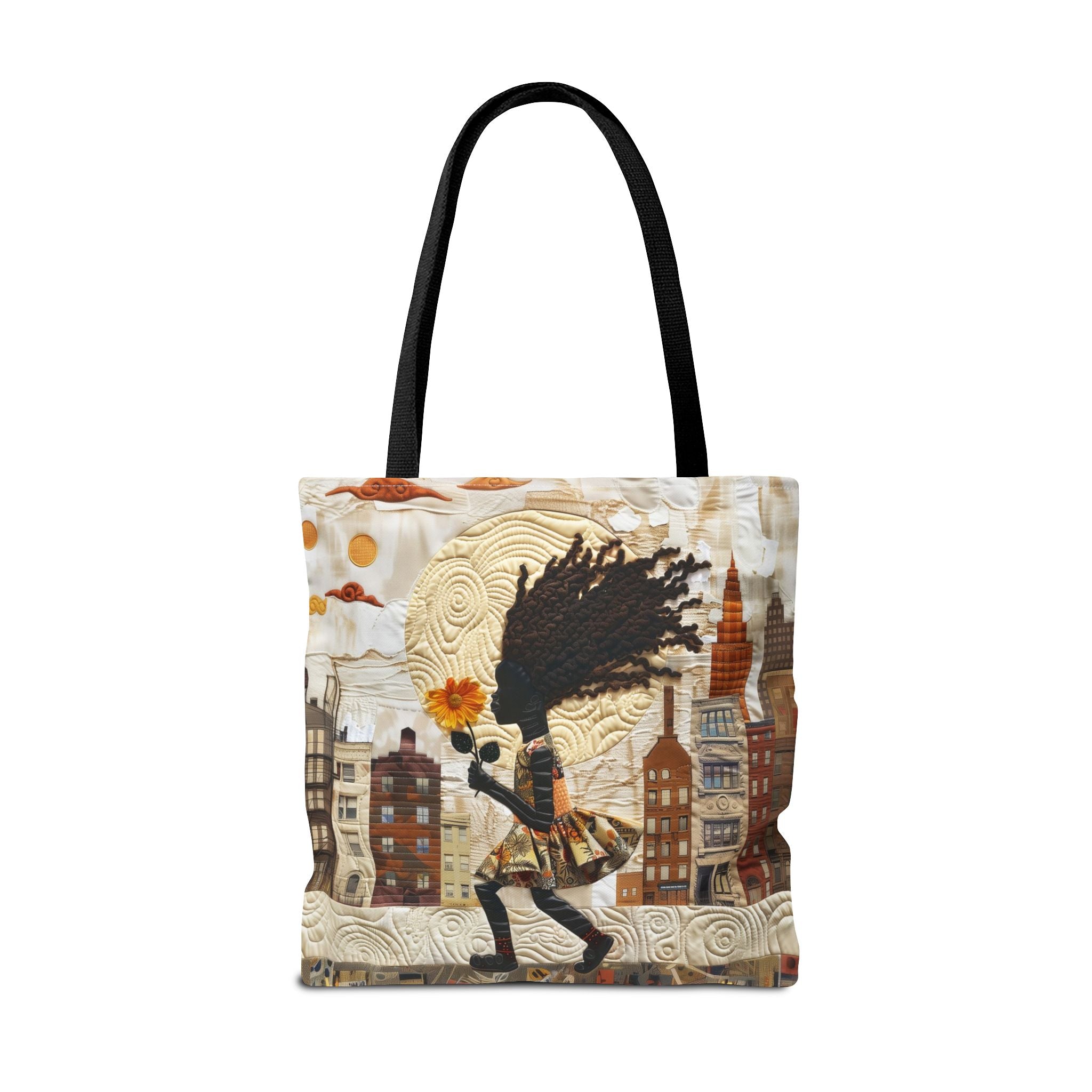 Back side of an Afrocentric faux quilt collage tote bag with a textured 3D-inspired design featuring a young Black girl carrying a bright yellow sunflower while walking through Harlem with long braids blowing in the wind. Historic Harlem brownstones and New York City architecture appear in the background.