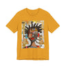Abstract Afrocentric t-shirt featuring a split-face portrait of a Black man, half human and half robot, with expressive facial features and futuristic mechanical details in an Afrofuturism art style.
