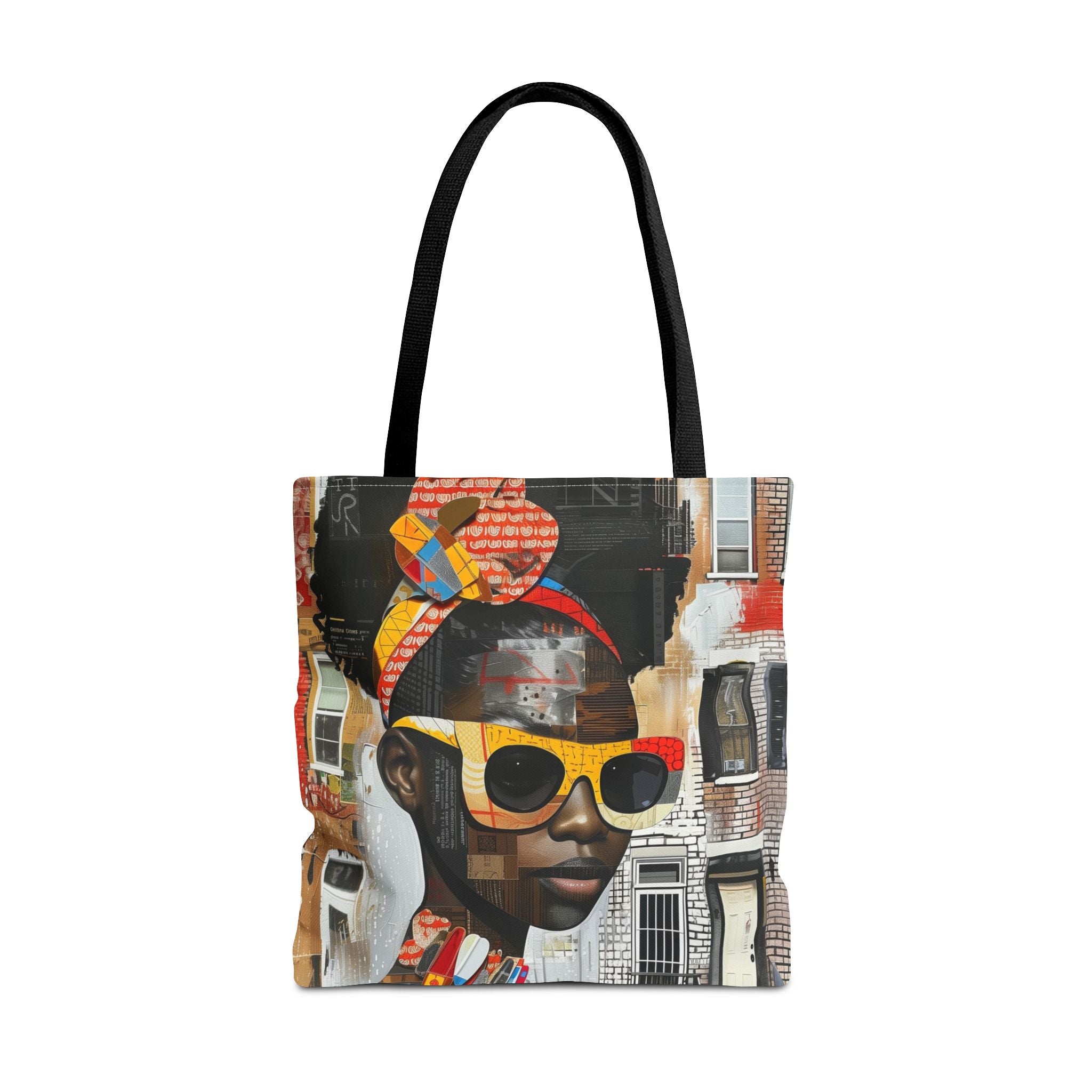 A tote bag featuring a detailed collage-style print of a young black stylish woman wearing yellow sunglasses and a patterned headwrap, with black shoulder straps, shown against a plain white background.