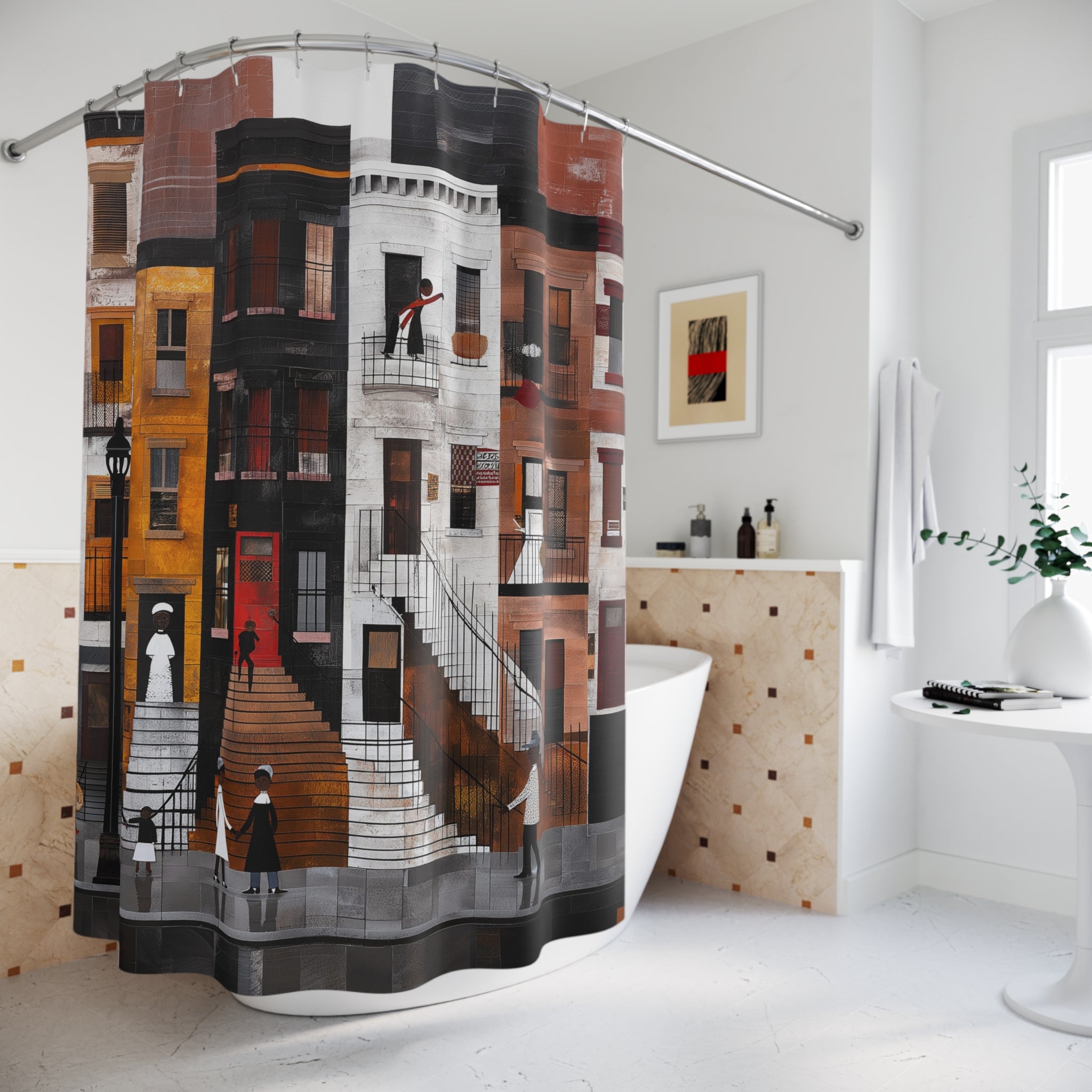 Harlem Neighborhood Shower Curtain featuring abstract brownstones and street life, Afrocentric bathroom decor inspired by Harlem culture.