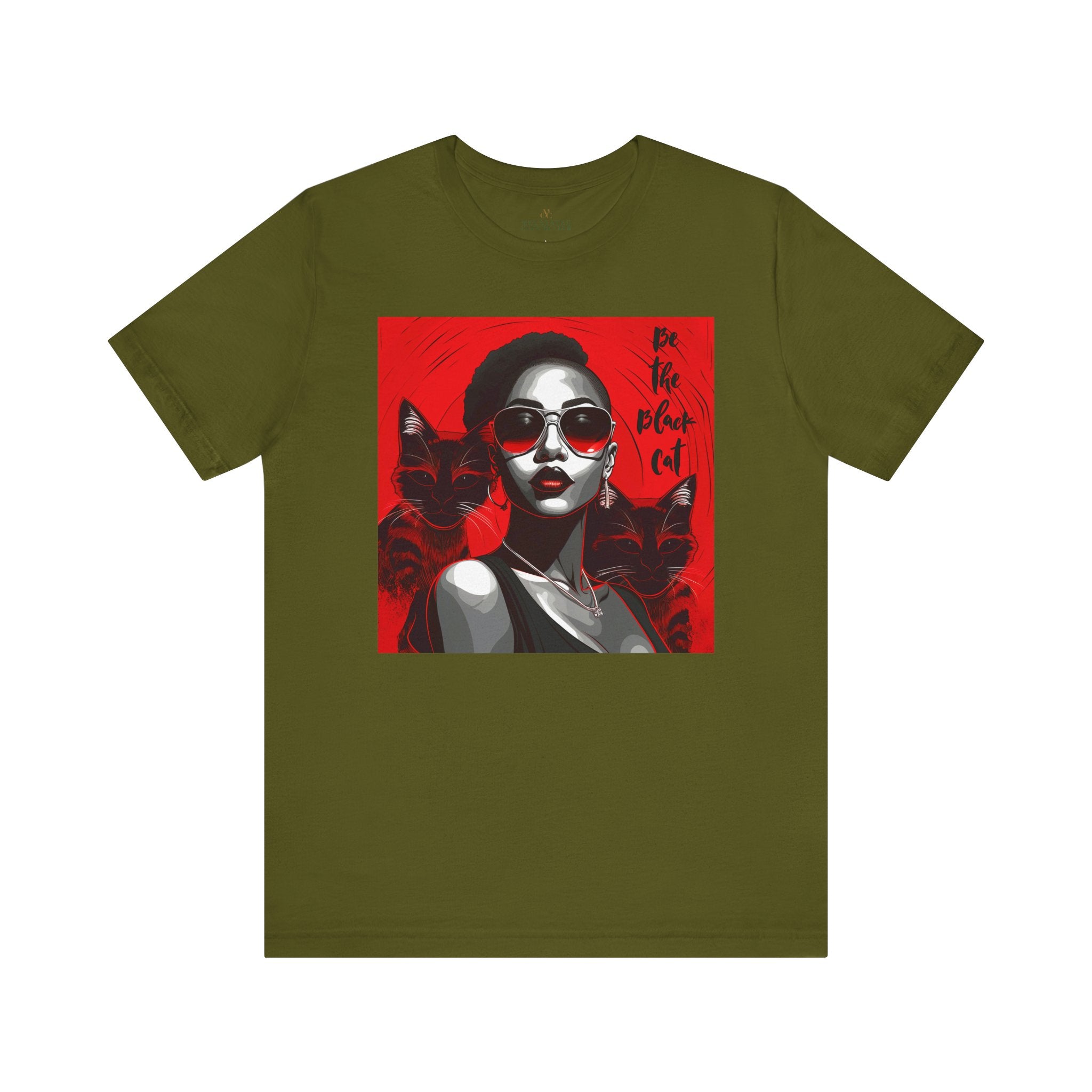 Black Woman Be the Black Cat Tee Shirt in olive.