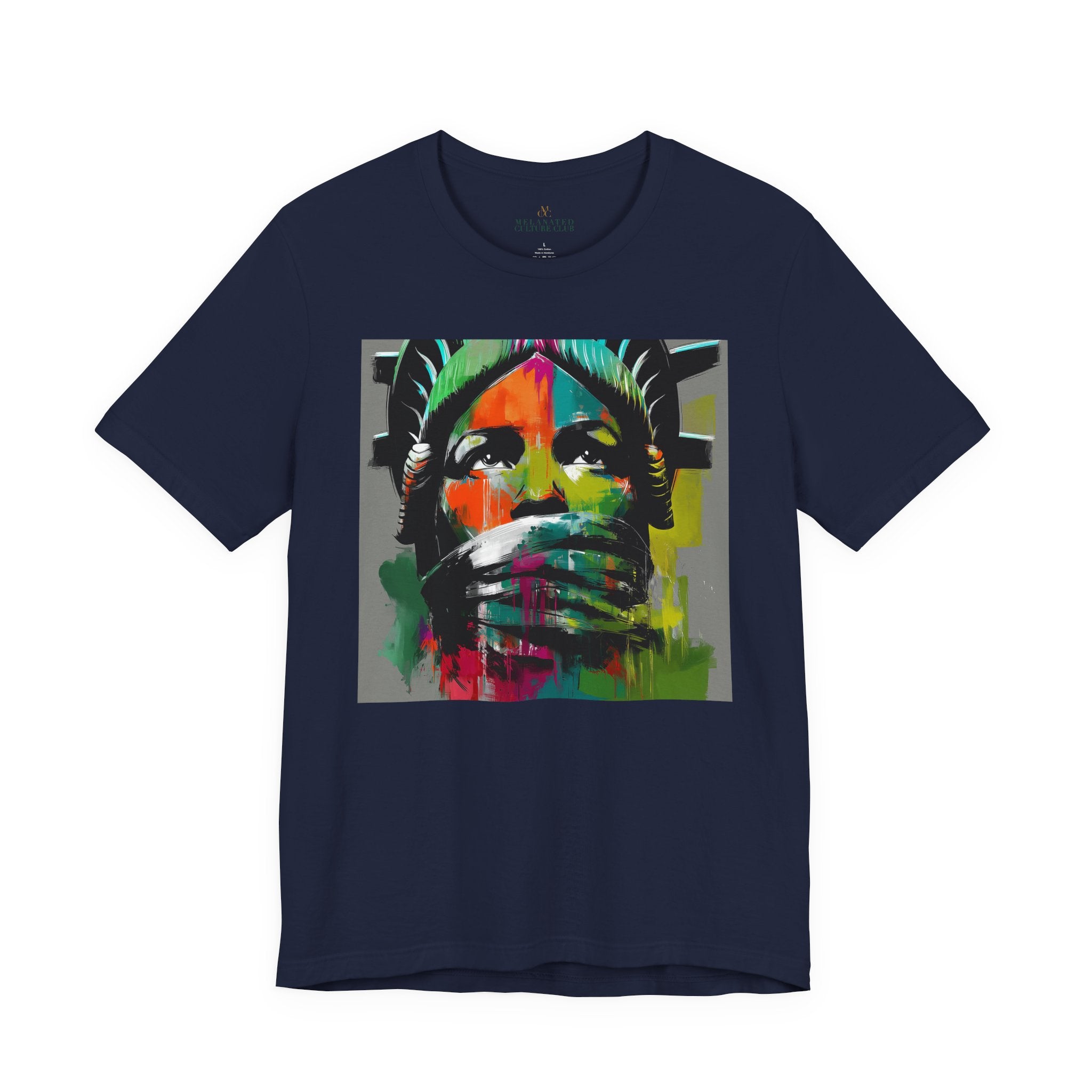 Black woman depicted as Statue of Liberty with mouth covered by white cloth symbolizing silenced freedom of speech First Amendment protest art on tee shirt