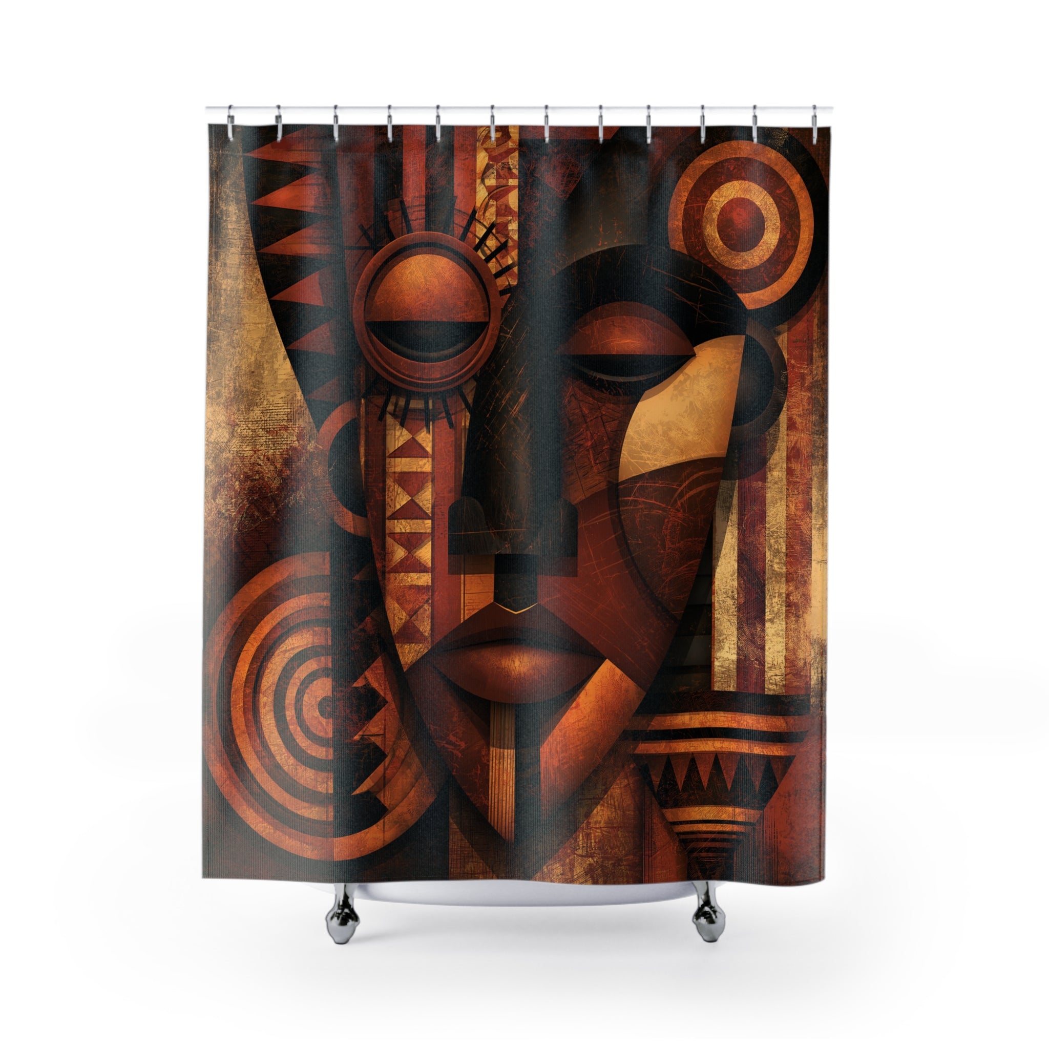 African Mask Abstract Shower Curtain full view on shower curtain rod.