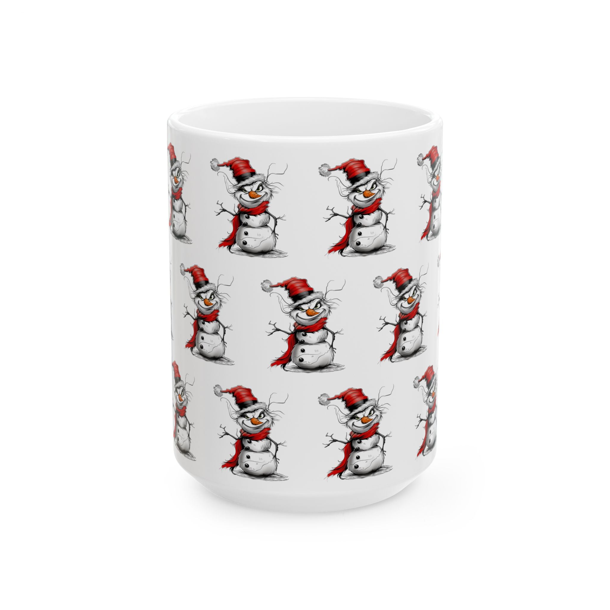 Grinch Snowman Coffee Mug featuring a naughty-looking snowman with a Grinch-inspired face – unique Christmas holiday beverage mug perfect for festive kitchens and seasonal drinks.