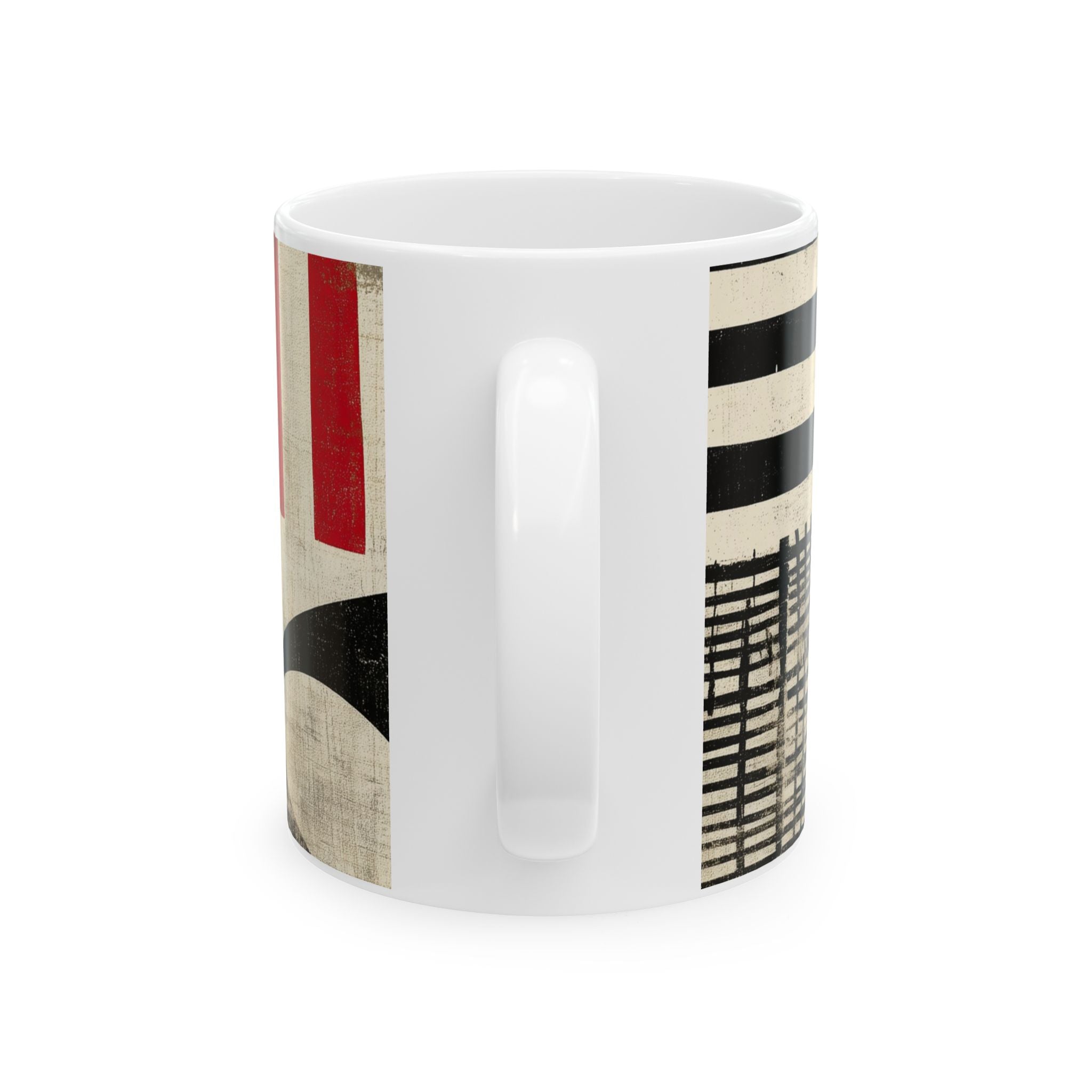 Back view of a 11 oz white ceramic mug with a modern abstract geometric pattern featuring black, cream, and mustard yellow blocks, lines, and curved shapes, shown on a plain white background.