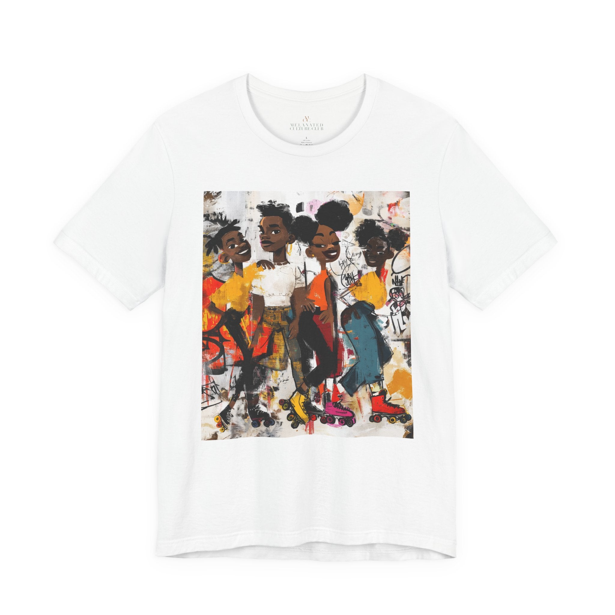 Abstract graffiti-style cartoon illustration of Black roller skaters dancing and skating at a roller rink, featuring vibrant colors, urban street art influences, and Afrocentric cultural themes on a unisex graphic tee shirt.