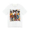 Abstract graffiti-style cartoon illustration of Black roller skaters dancing and skating at a roller rink, featuring vibrant colors, urban street art influences, and Afrocentric cultural themes on a unisex graphic tee shirt.