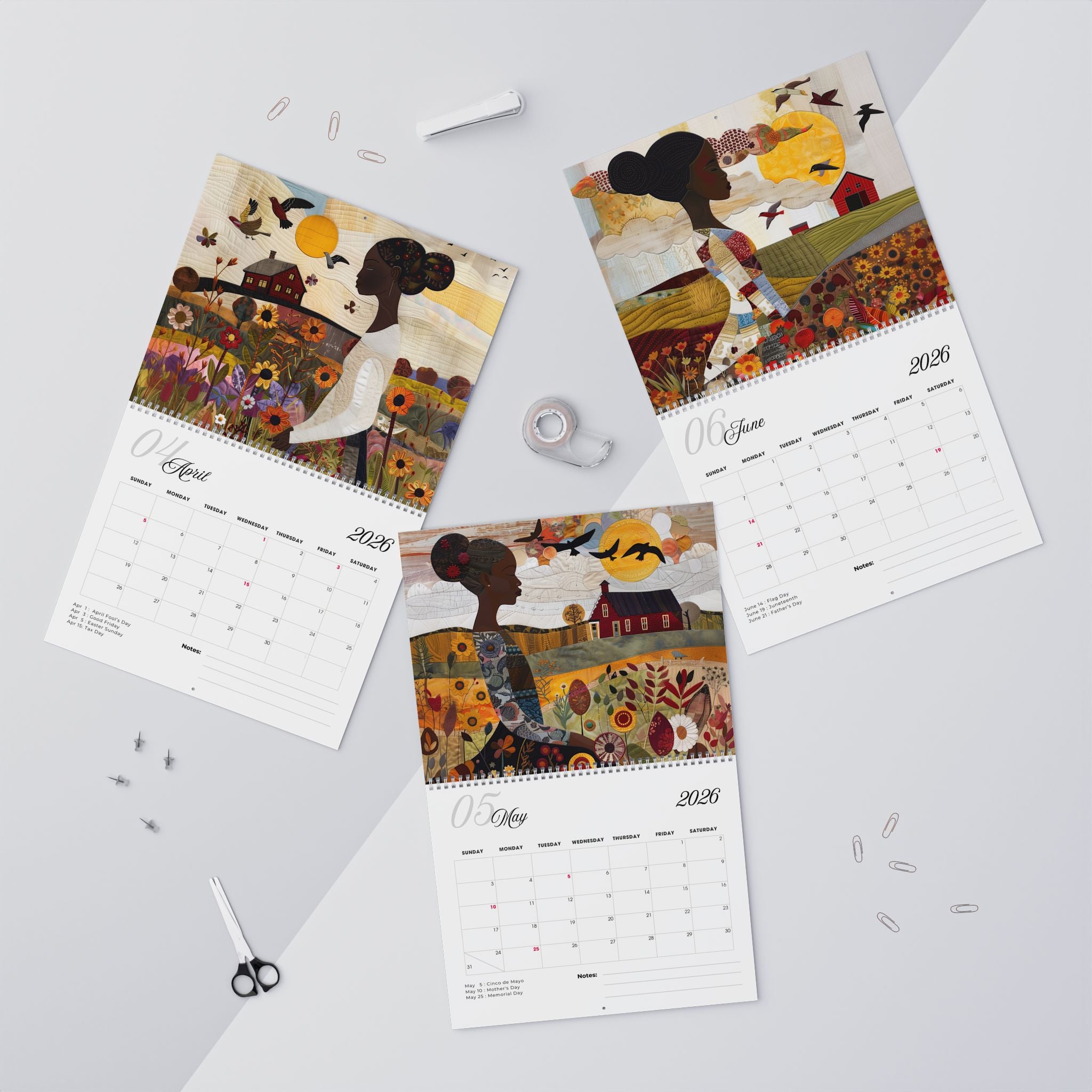 2026 Field of Flowers Wall Calendar featuring Afrocentric art of African American women in fields of wildflowers, created in a 3D quilt-like patchwork illustration style.