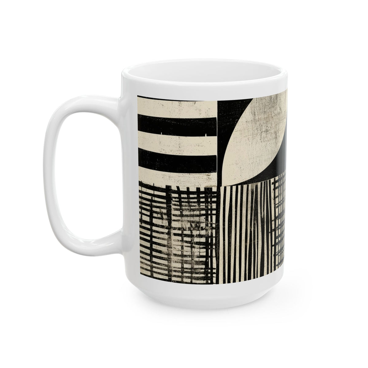 Left handle view of a 15 oz white ceramic mug featuring a modern abstract geometric print in black and cream, showcasing stripes, textured blocks, and a curved shape, set against a plain white background.