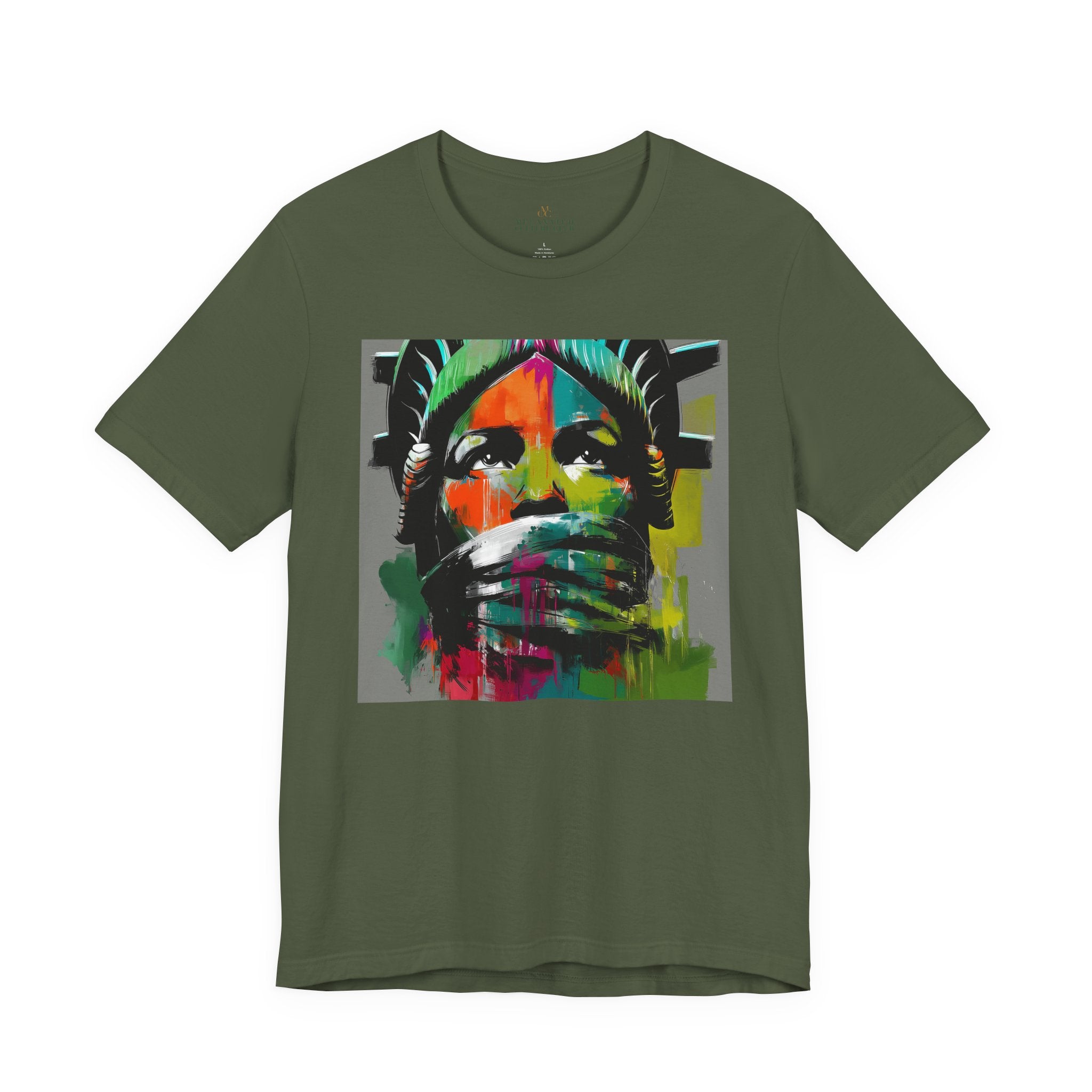 Black woman depicted as Statue of Liberty with mouth covered by white cloth symbolizing silenced freedom of speech First Amendment protest art on tee shirt