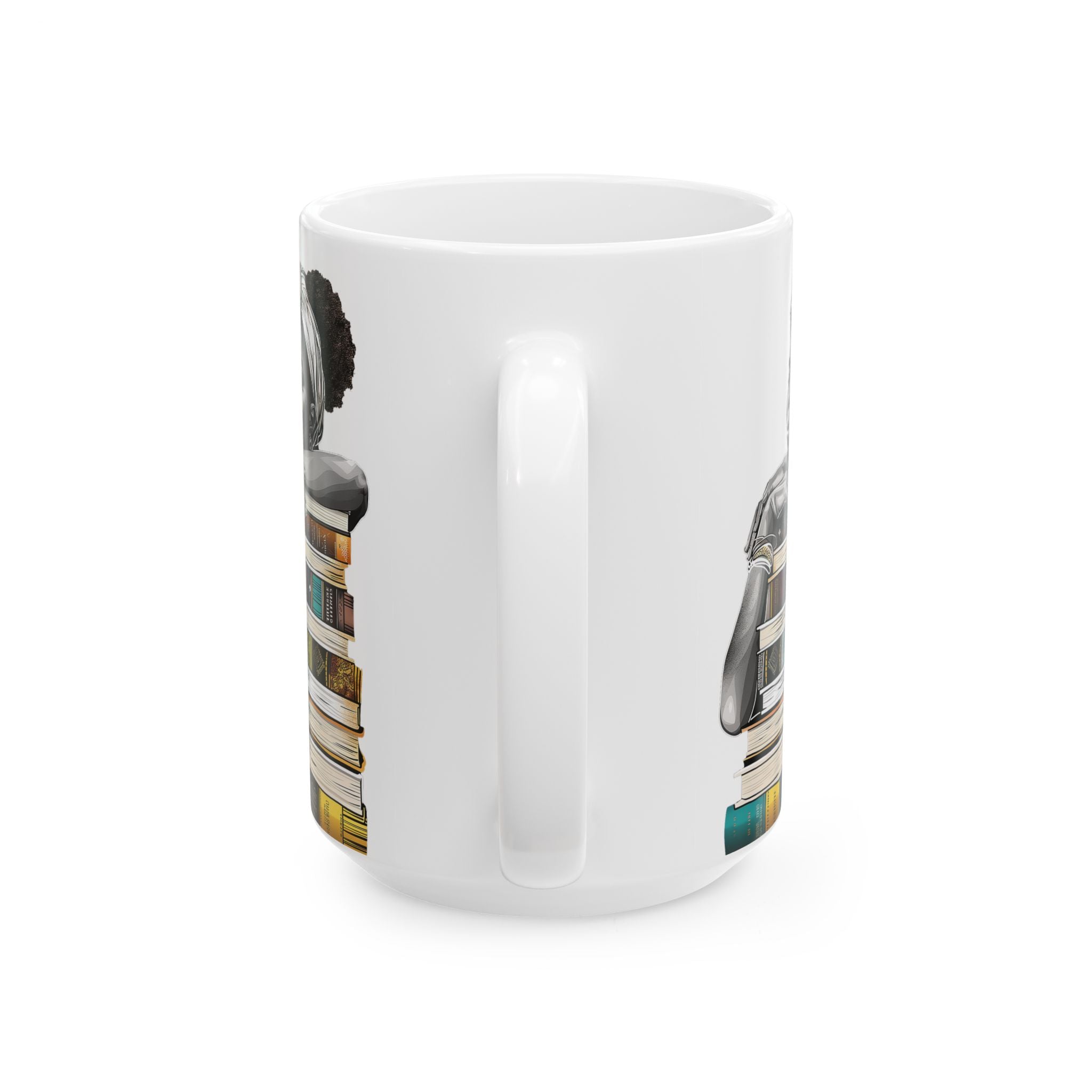 White coffee mug featuring an Afrocentric illustration of a peaceful Black woman embracing books, symbolizing education, knowledge, freedom, and generational legacy.