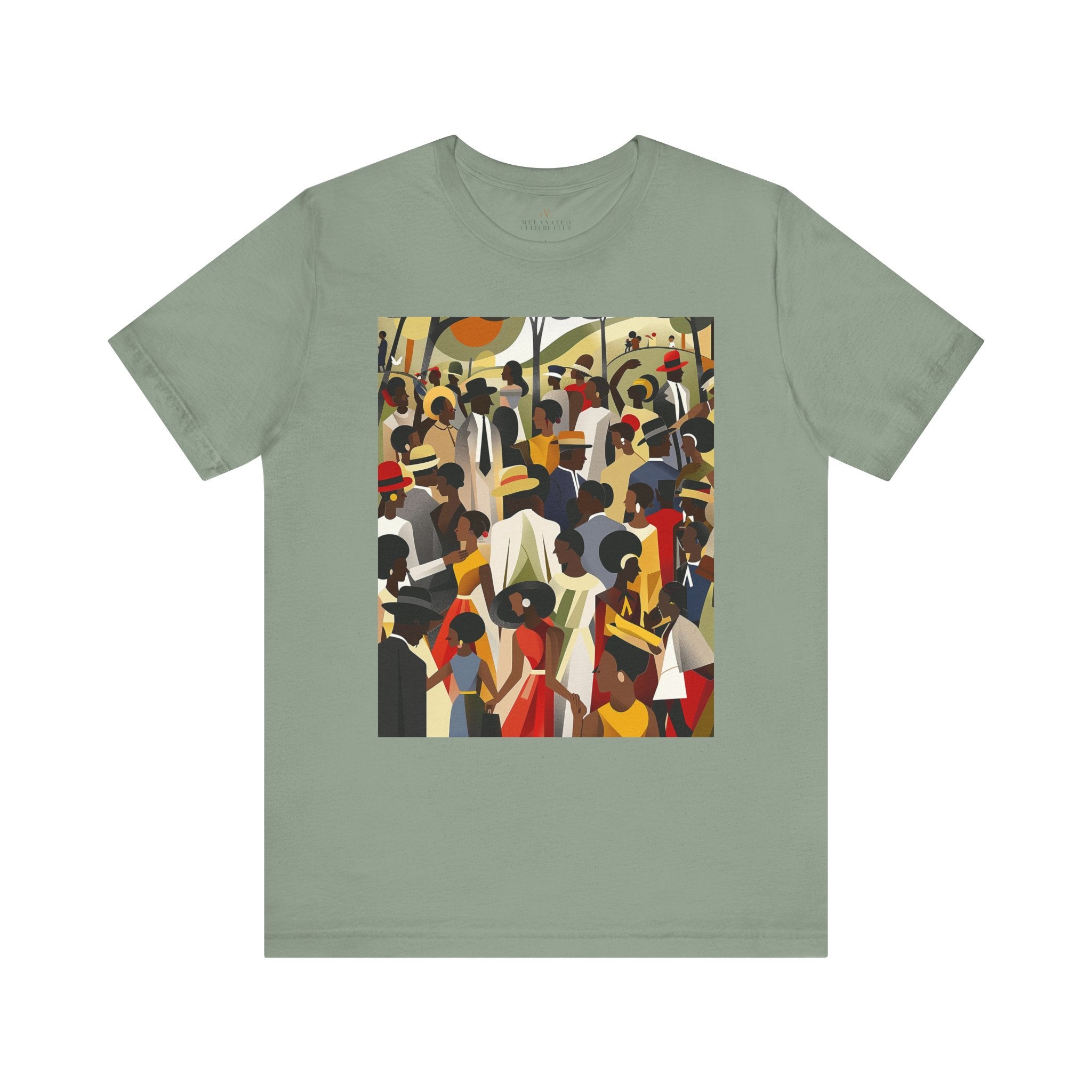 Juneteenth Celebration Tee Shirt featuring an Afrocentric design of Black people enjoying an outdoor picnic and family reunion. Adult unisex top honoring African American heritage, freedom, and cultural pride.