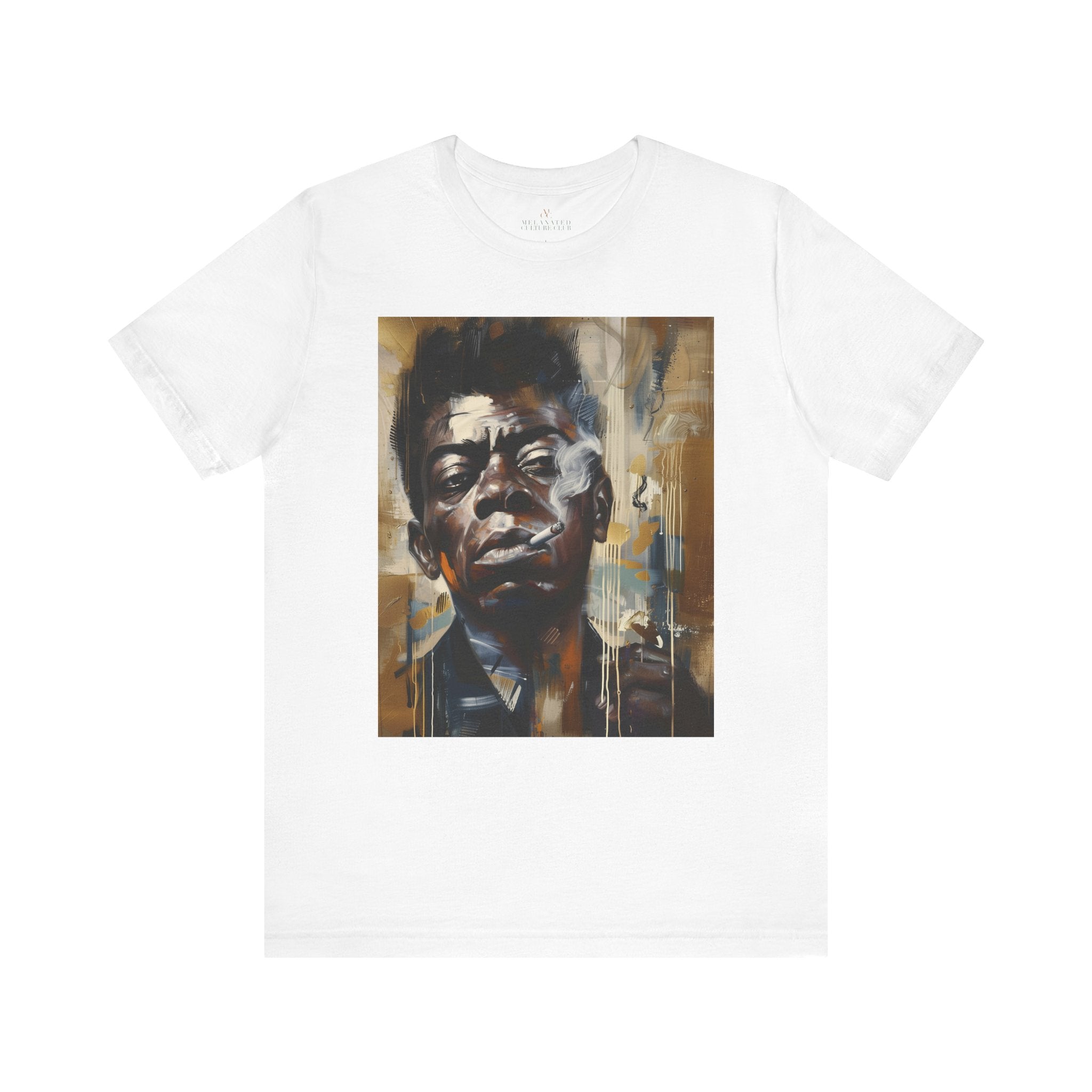 James Baldwin Tee Shirt featuring African American civil rights activist, bold Afrocentric streetwear design, unisex Black culture fashion top.