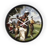 A round wall clock with a black frame and a printed golf-themed illustration on the face, featuring white clock hands and minimalist hour markers against a plain white background.