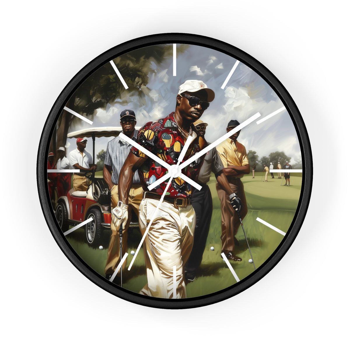 A round wall clock with a black frame and a printed golf-themed illustration on the face, featuring white clock hands and minimalist hour markers against a plain white background.