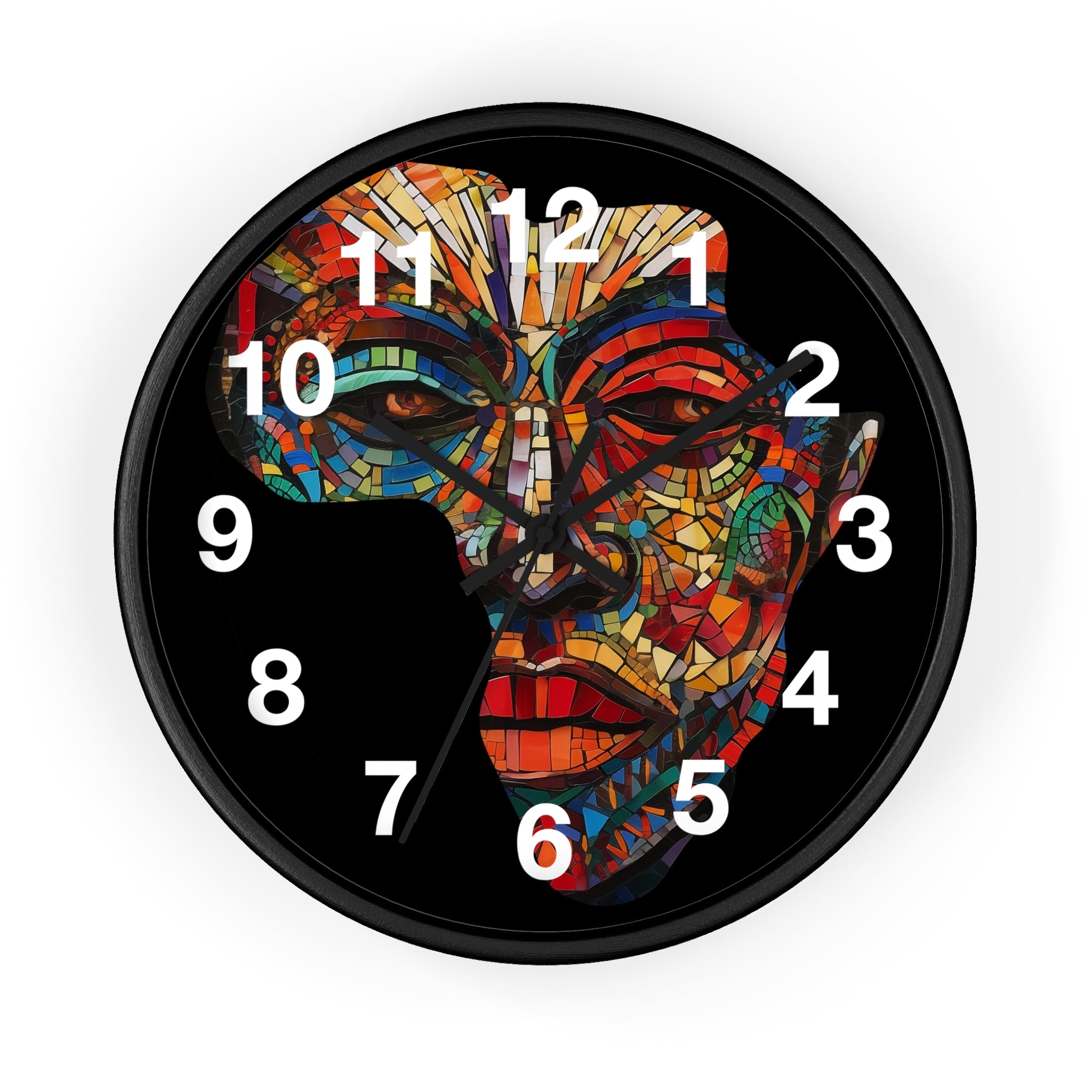 African Mosaic Mask Round Wall Clock featuring a mosaic-style African mask in the shape of the continent of Africa. Abstract Afrocentric wall decor with bold geometric patterns and vibrant colors.