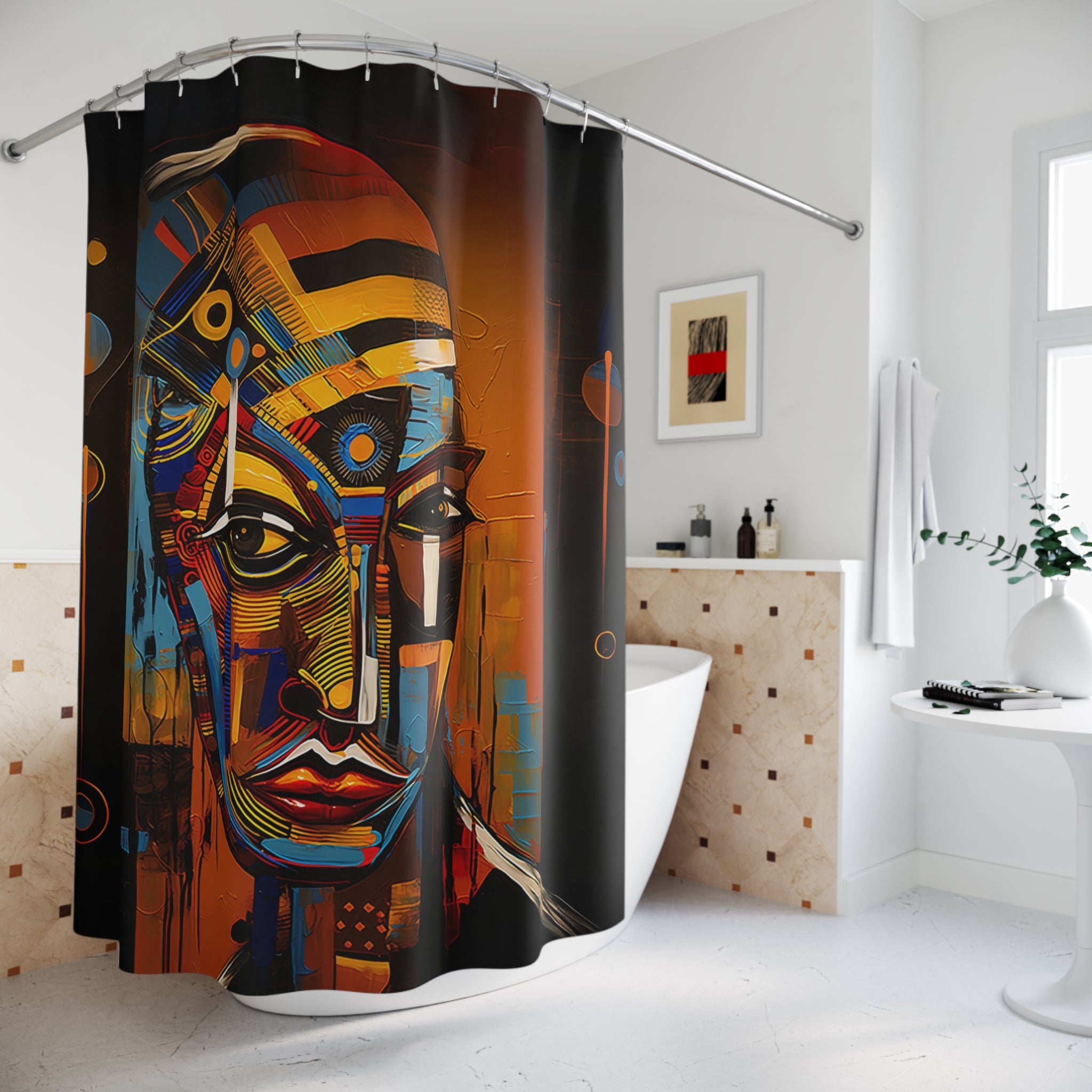 Bathroom shower curtain featuring an abstract African mask design with bold tribal patterns and Afrocentric colors, perfect for African-inspired home and bathroom decor.