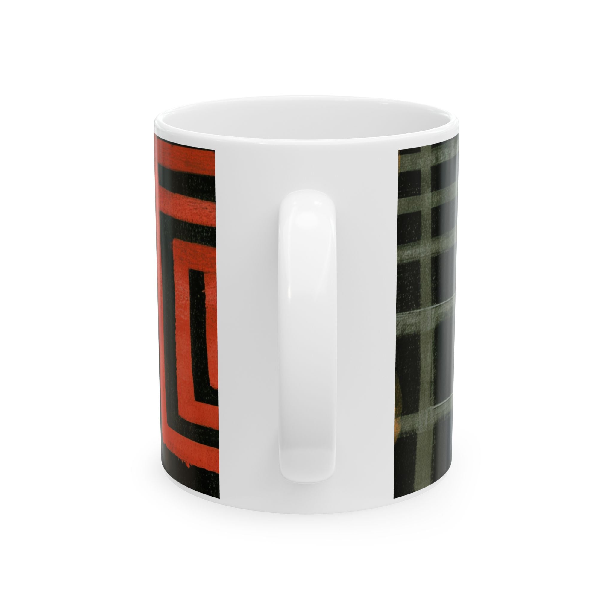 Back view of 11 oz Afrocentric abstract coffee mug featuring bold geometric shapes and textured patterns in red, gold, black, and cream, displayed against a white background.