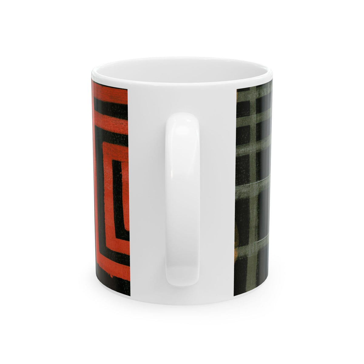 Back view of 11 oz Afrocentric abstract coffee mug featuring bold geometric shapes and textured patterns in red, gold, black, and cream, displayed against a white background.