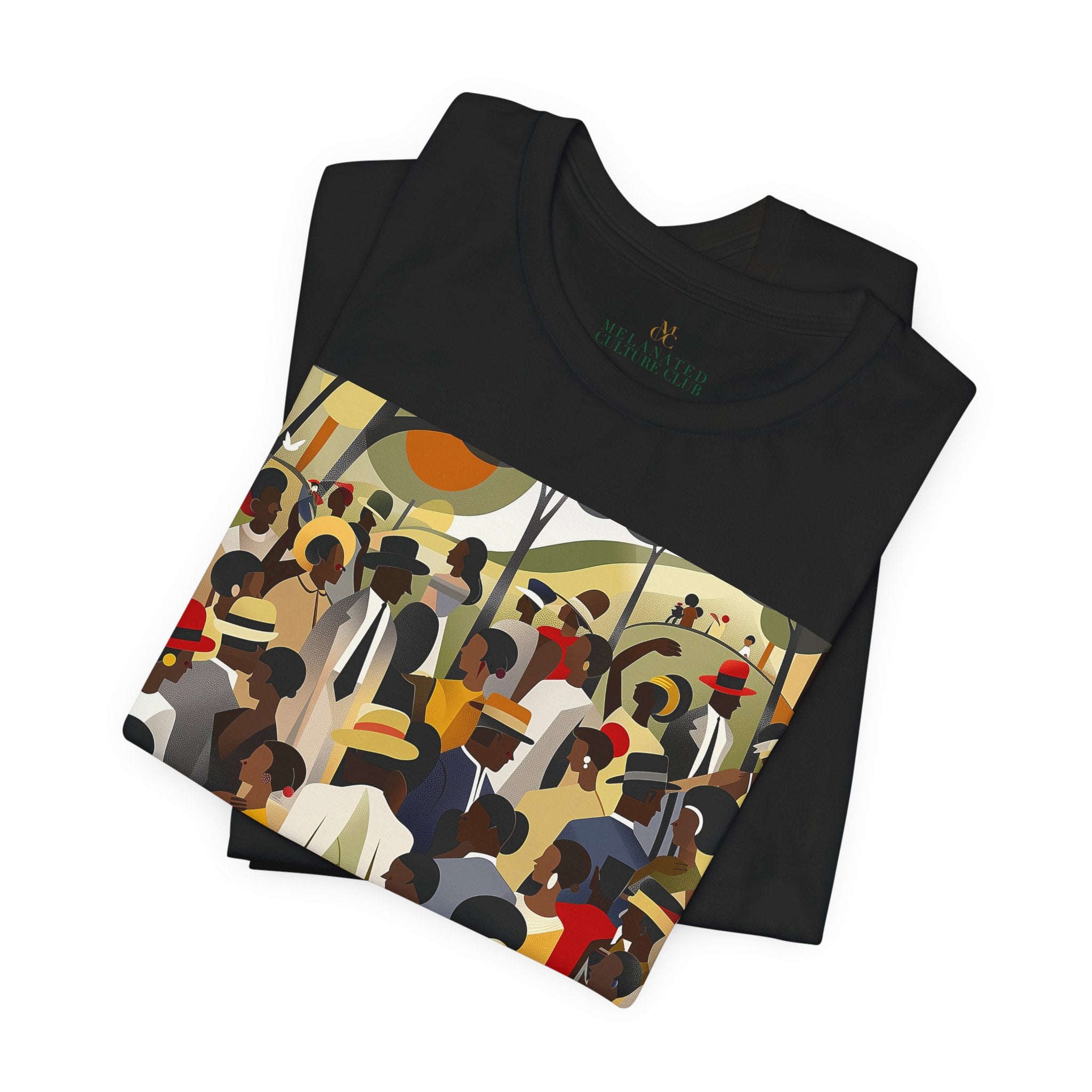 Juneteenth Celebration Tee Shirt featuring an Afrocentric design of Black people enjoying an outdoor picnic and family reunion. Adult unisex top honoring African American heritage, freedom, and cultural pride.