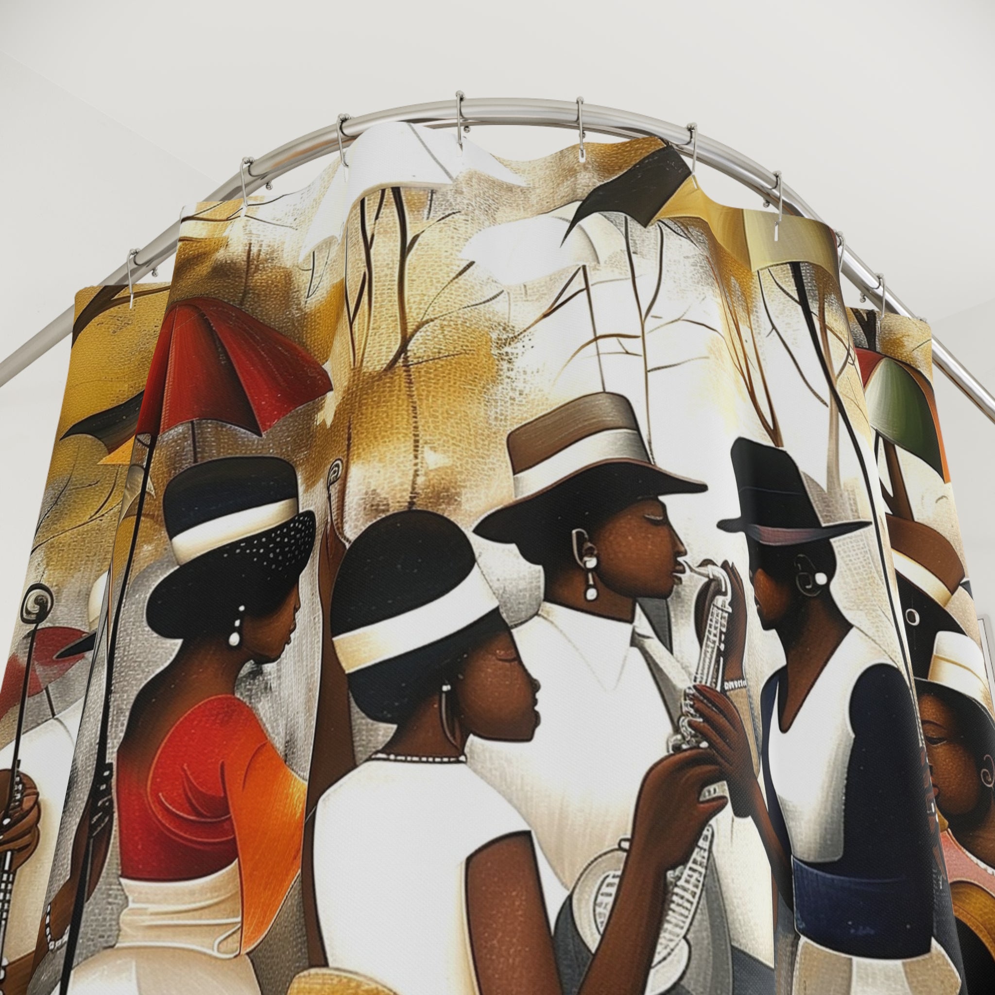 Juneteenth Family Reunion Shower Curtain featuring Afrocentric artwork of Black families gathering in a park, celebrating freedom, community, music, food, and African American culture with vibrant colors and joyful expressions.