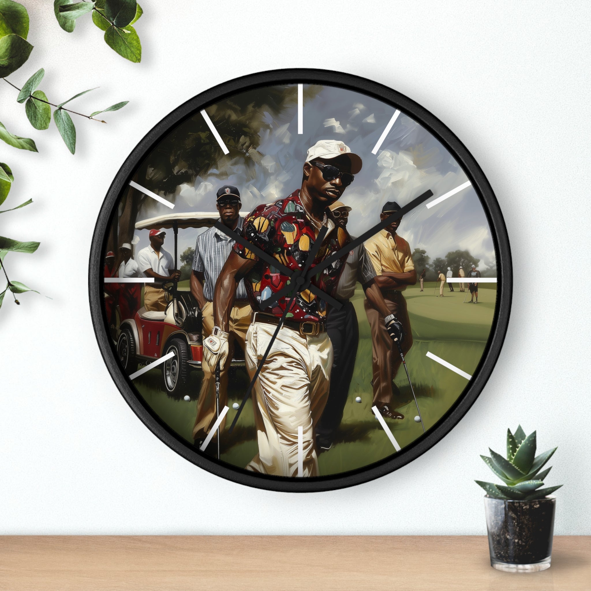 Round wall clock featuring Afrocentric artwork of stylish Black men playing golf on a lush green course, celebrating Black joy, leisure, and brotherhood in a modern fine art style.